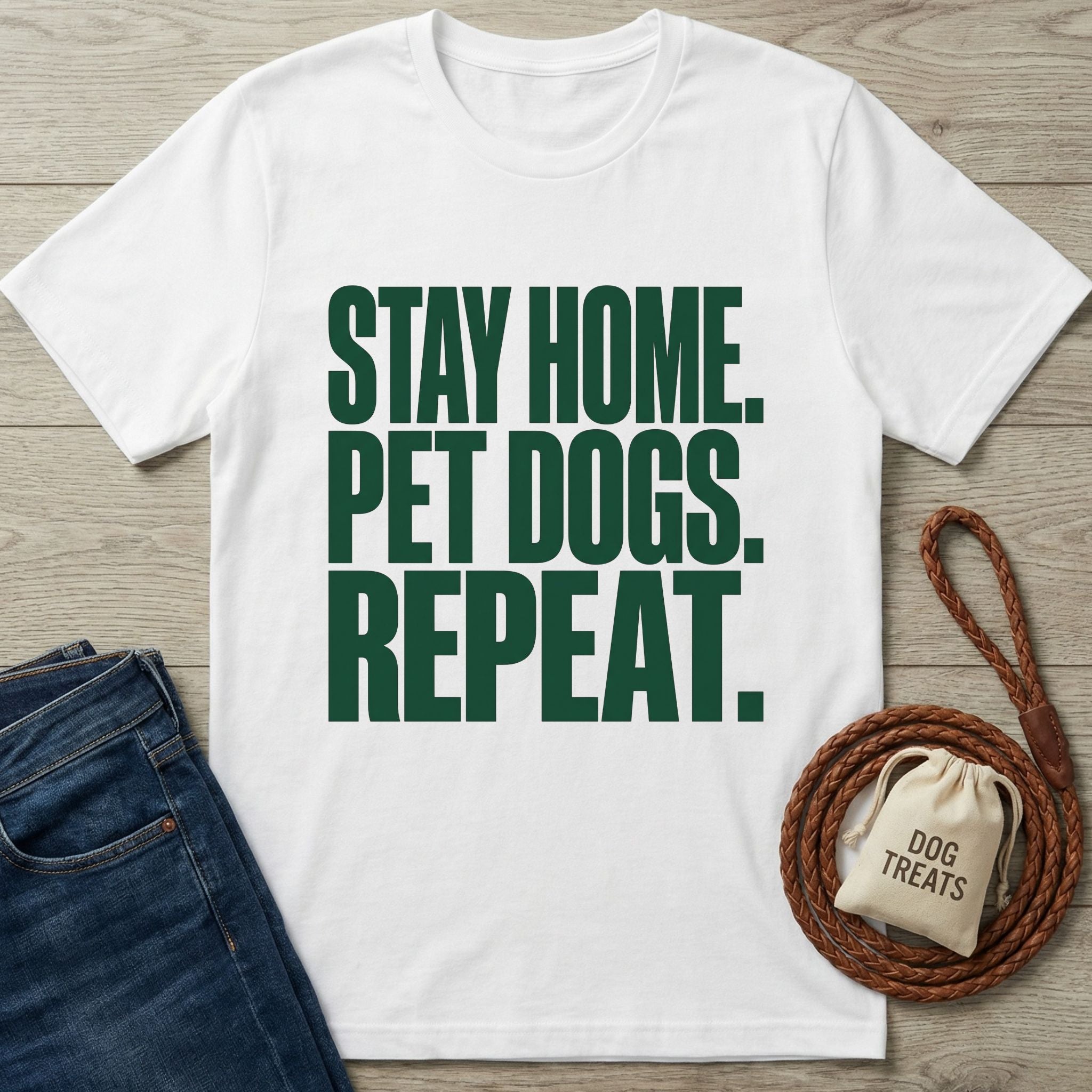 White Gildan Softstyle t-shirt with "STAY HOME. PET DOGS. REPEAT." in green text, next to jeans and a dog leash.