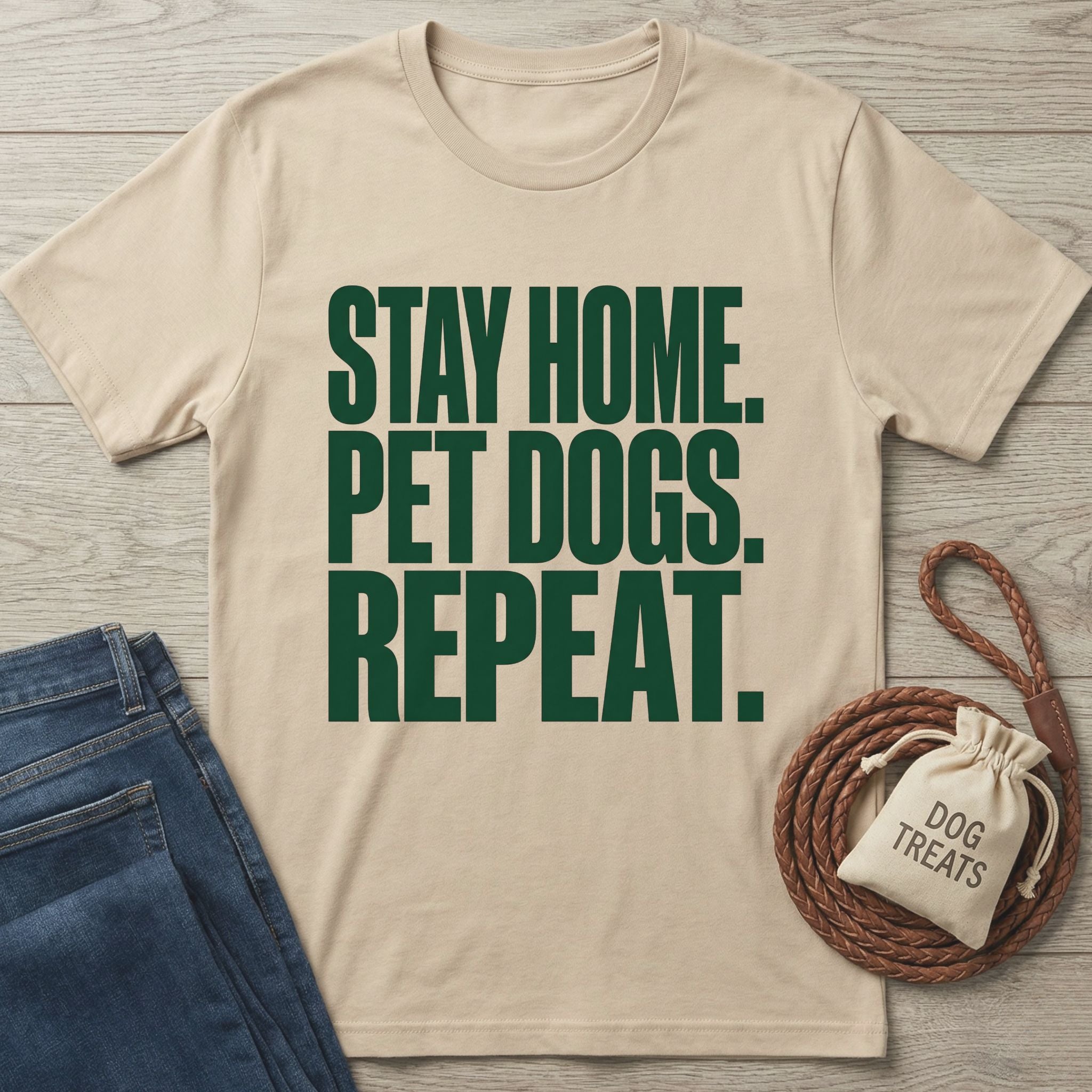 Beige Gildan Softstyle® t-shirt with "STAY HOME. PET DOGS. REPEAT." in dark green text, beside jeans and dog treats.