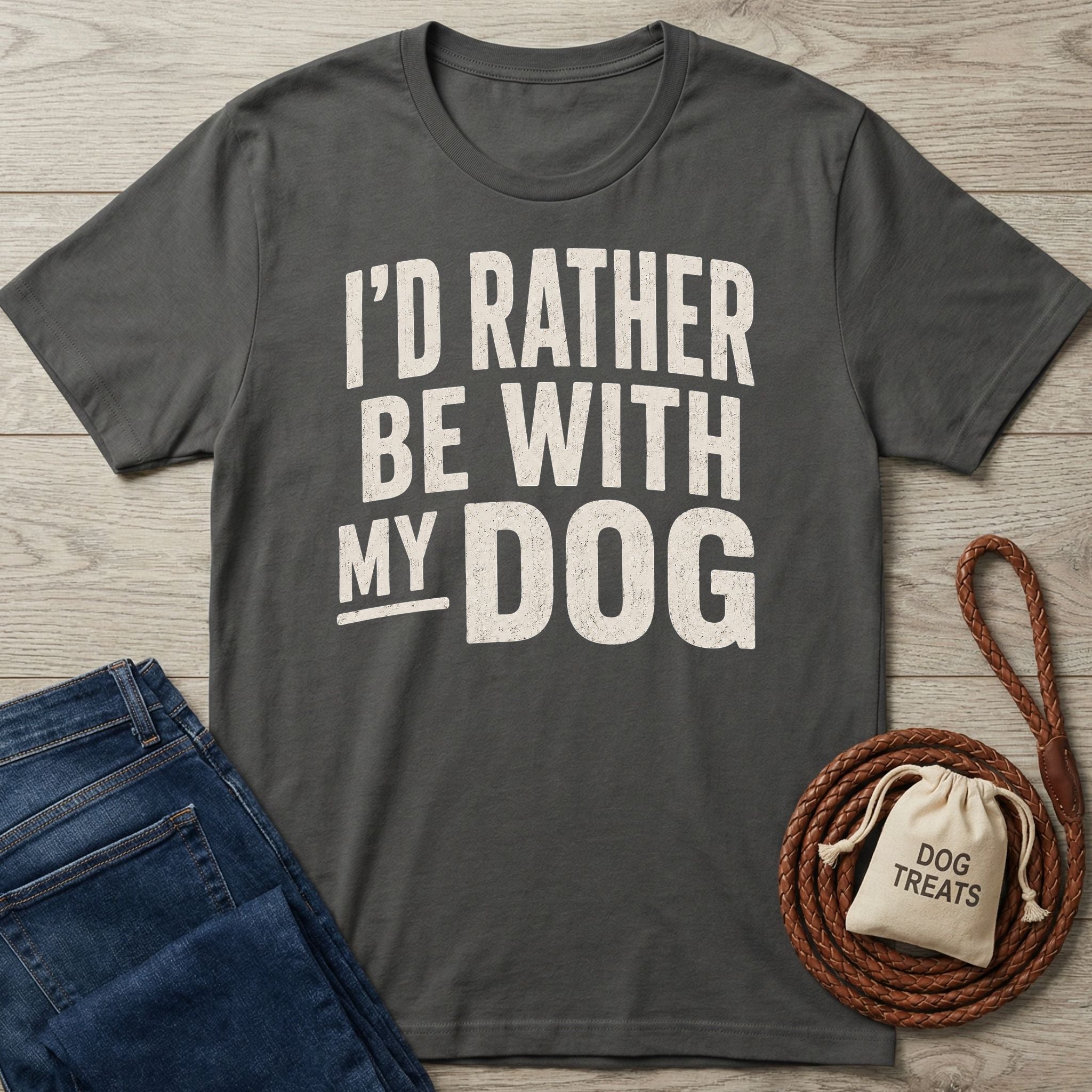Charcoal grey crewneck t-shirt with distressed white text reading I'D RATHER BE WITH MY DOG, laid on a wooden surface.