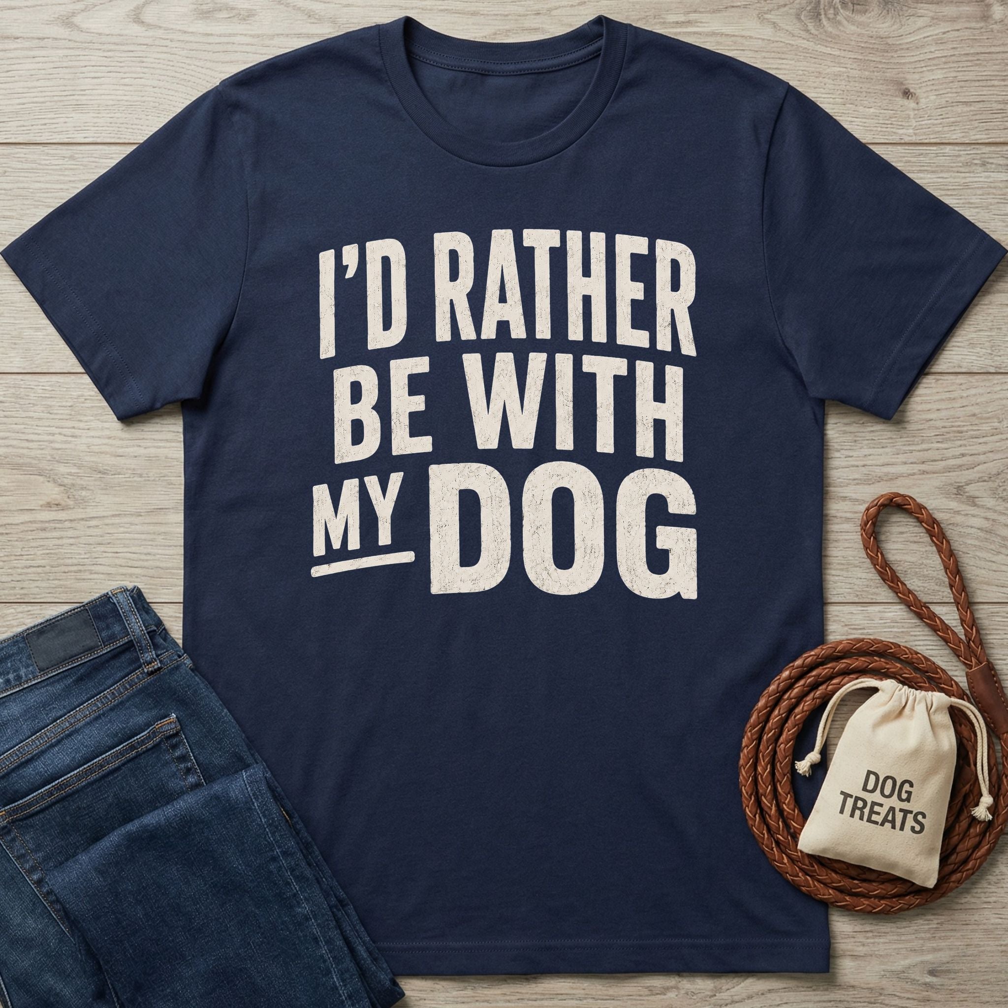 Navy blue crewneck t-shirt with distressed white text reading I'D RATHER BE WITH MY DOG, displayed on a wooden background.