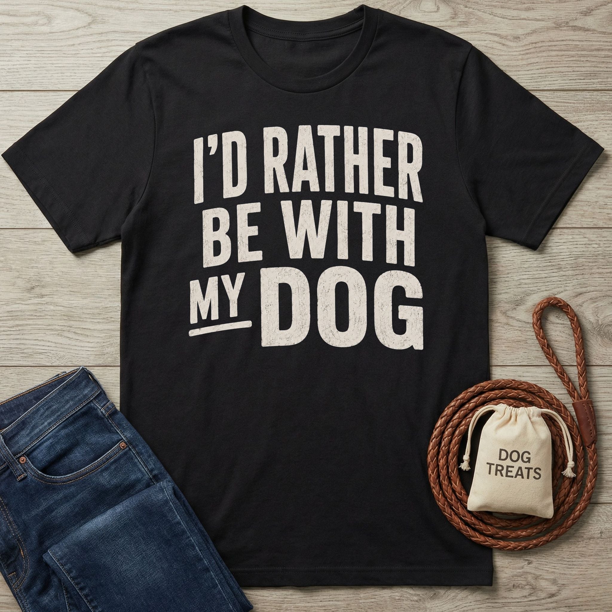 Black crewneck t-shirt with distressed white text reading I'D RATHER BE WITH MY DOG, laid on a wood surface with denim.