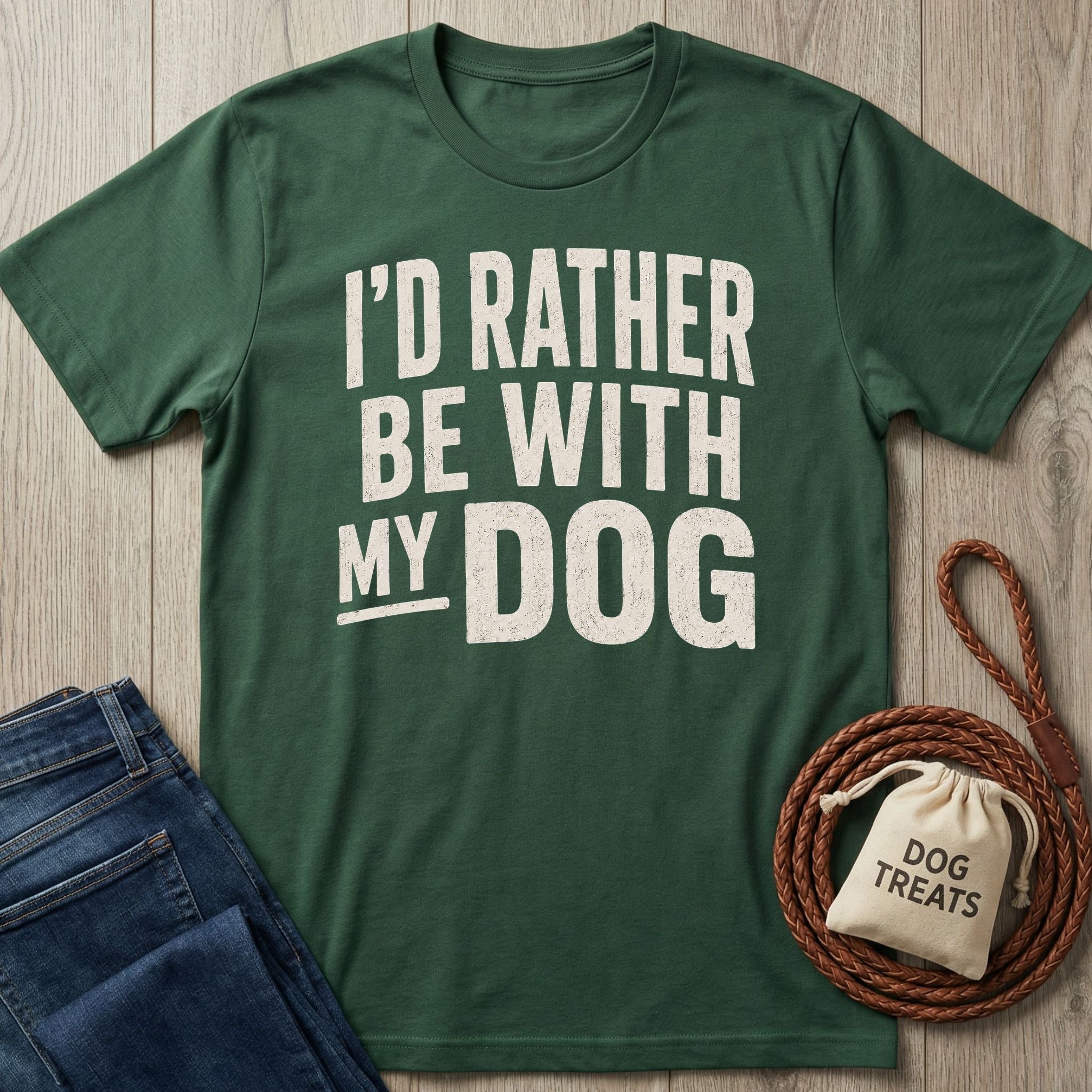 Forest green crewneck t-shirt with distressed white text reading I'D RATHER BE WITH MY DOG, paired with a leather leash.