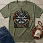 Olive green Gildan Softstyle t-shirt with a compass, mountains, trees, and a rescue dog graphic.