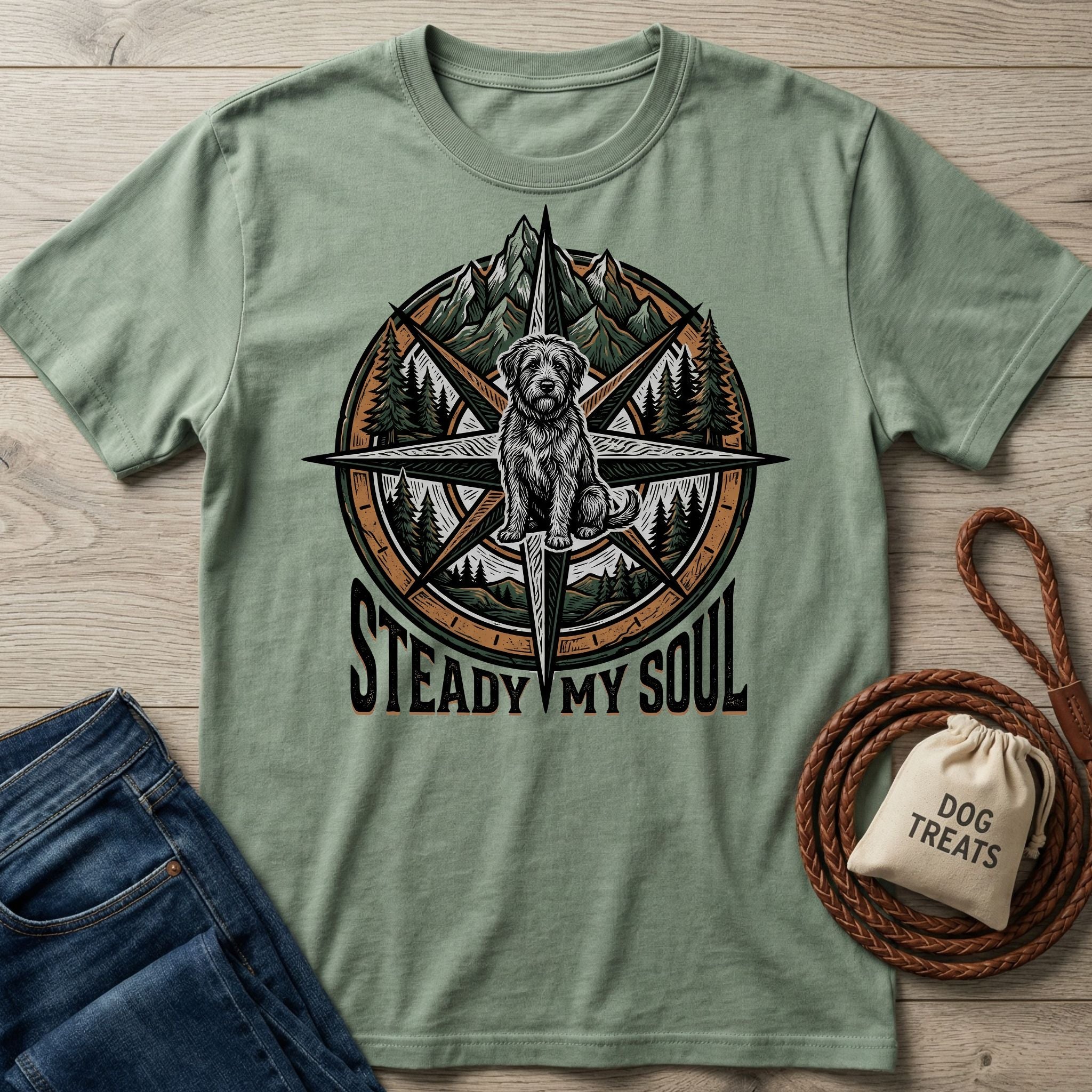 Sage green Gildan Softstyle t-shirt with a compass, mountains, trees, a rescue dog, and "Steady My Soul" text.