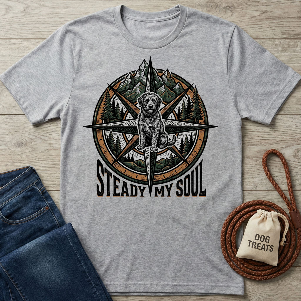 Light grey Gildan Softstyle t-shirt with a compass, mountains, trees, and a terrier dog graphic.