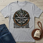 Light grey Gildan Softstyle t-shirt with a compass, mountains, trees, and a terrier dog graphic.