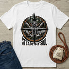 White Gildan Softstyle® t-shirt with a compass, mountains, trees, and a rescue dog graphic.