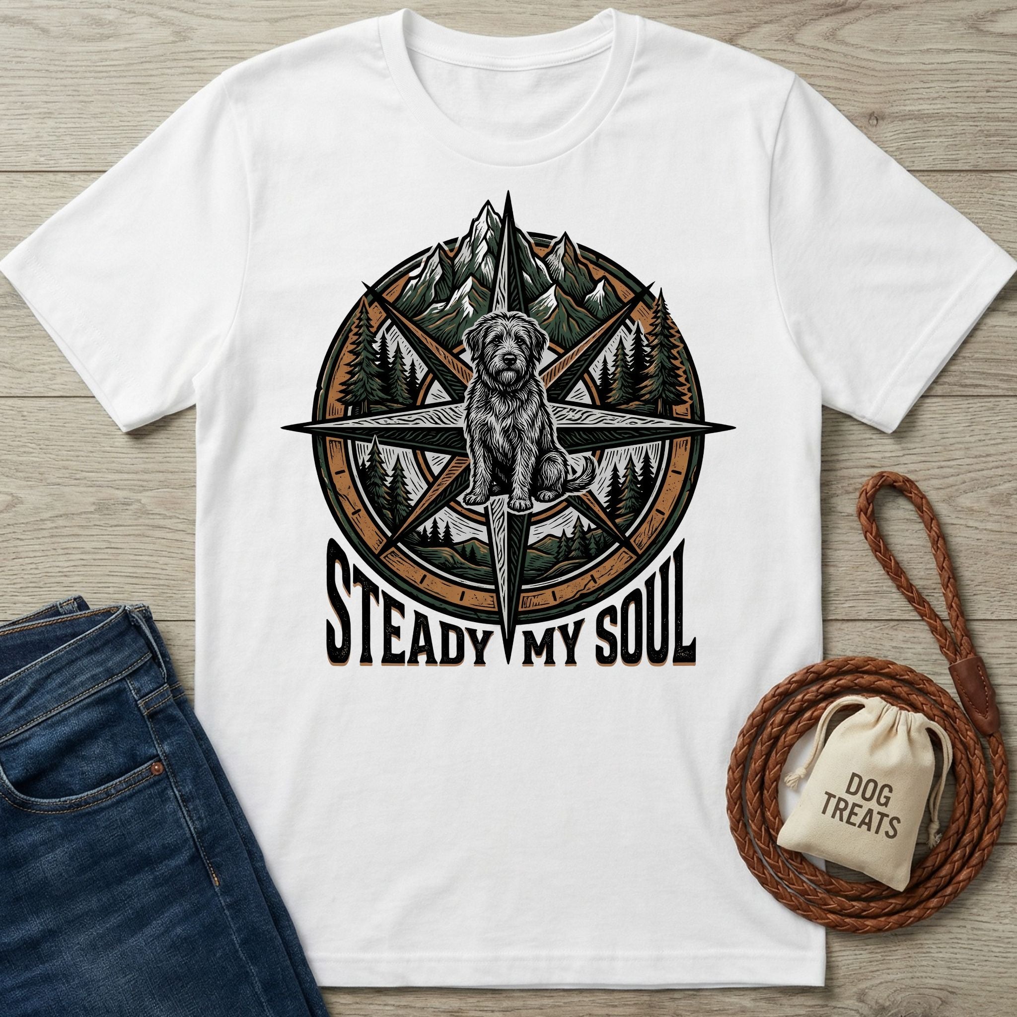 White Gildan Softstyle® t-shirt with a compass, mountains, trees, and a rescue dog graphic.