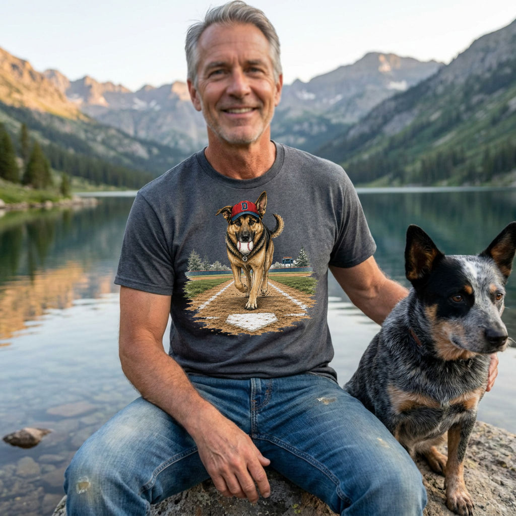 Man wearing a charcoal grey t-shirt with a graphic of a German Shepherd in a baseball cap running toward home plate.