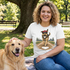 Woman wearing a white crew neck t-shirt featuring a German Shepherd in a baseball cap running toward home plate.