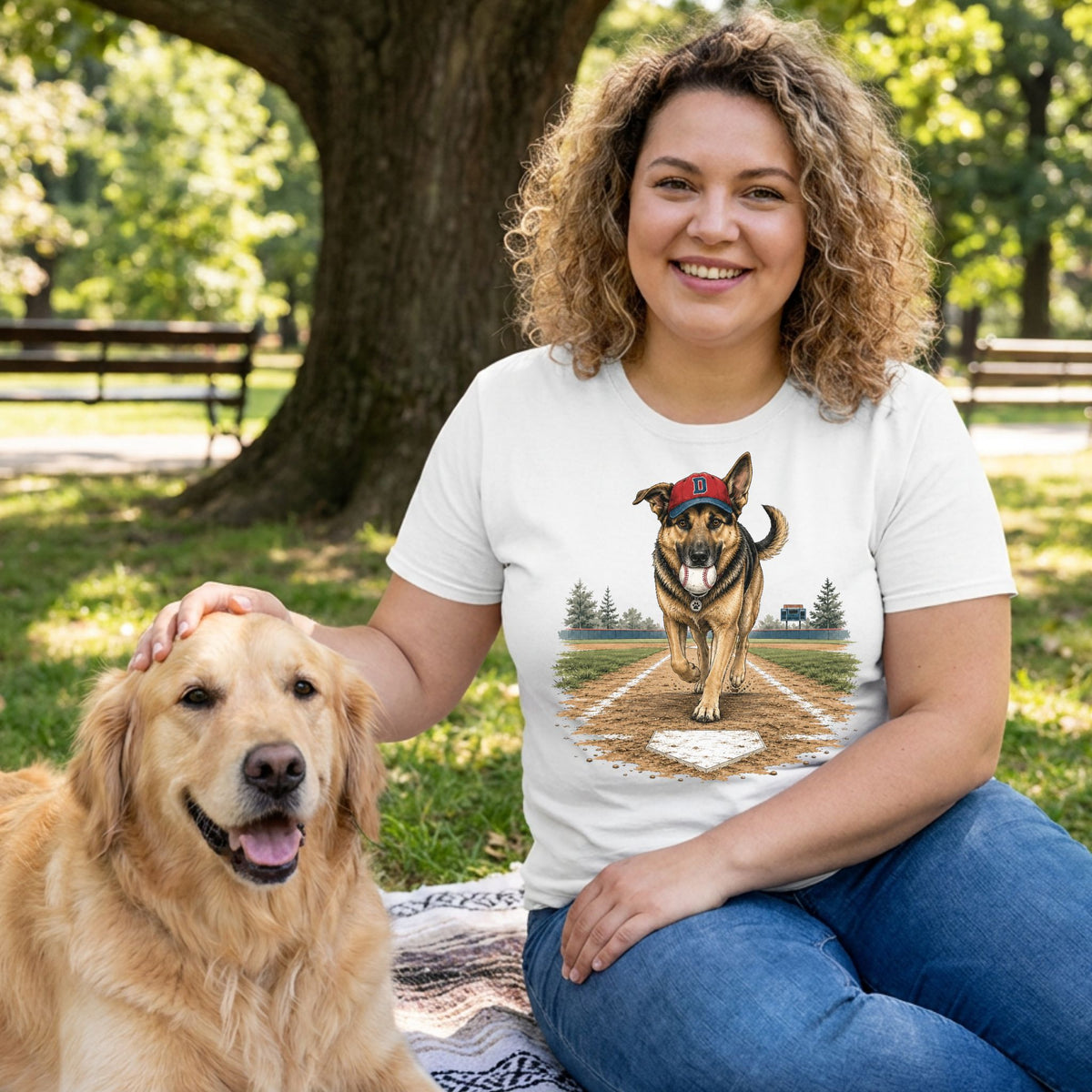 Woman wearing a white crew neck t-shirt featuring a German Shepherd in a baseball cap running toward home plate.