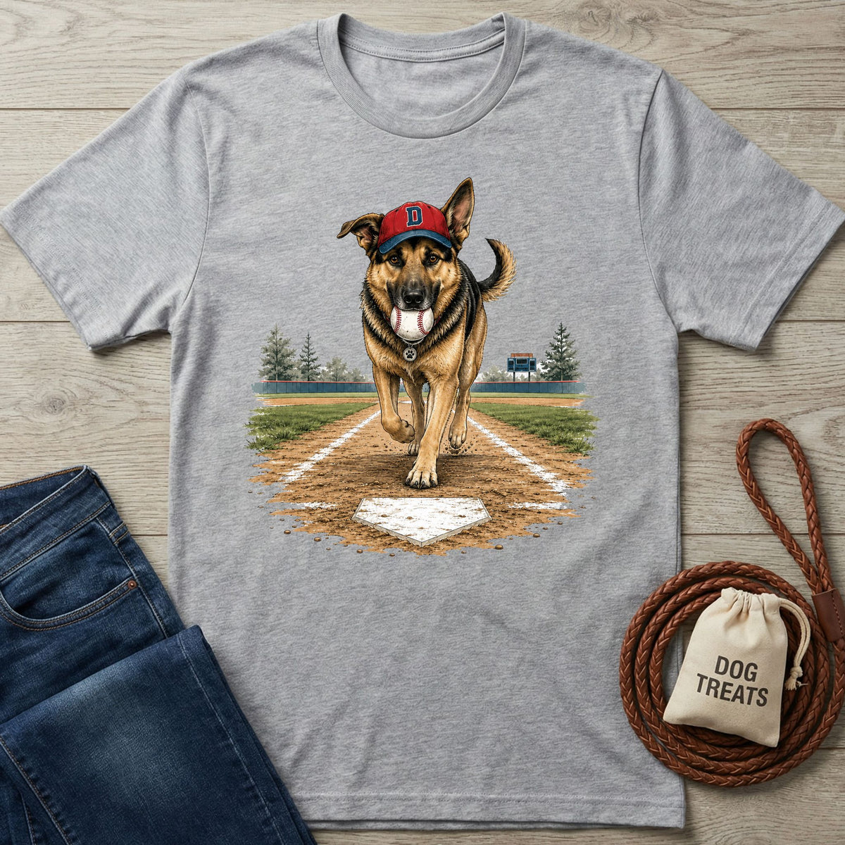 Grey crewneck t-shirt featuring a German Shepherd wearing a baseball cap and holding a ball on a baseball diamond graphic.
