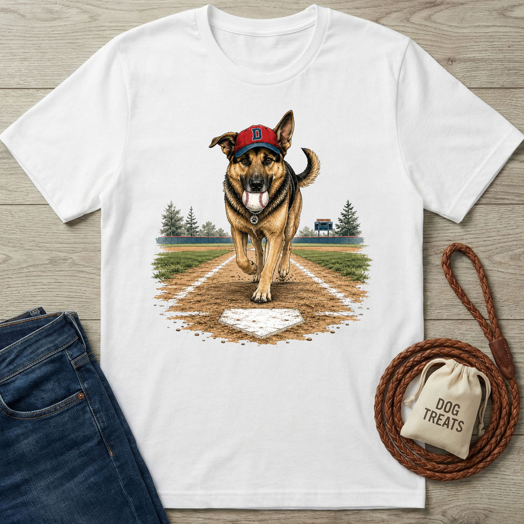 White cotton t-shirt featuring a German Shepherd wearing a baseball cap and holding a ball while running to home plate.