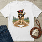White cotton t-shirt featuring a German Shepherd wearing a baseball cap and holding a ball while running to home plate.