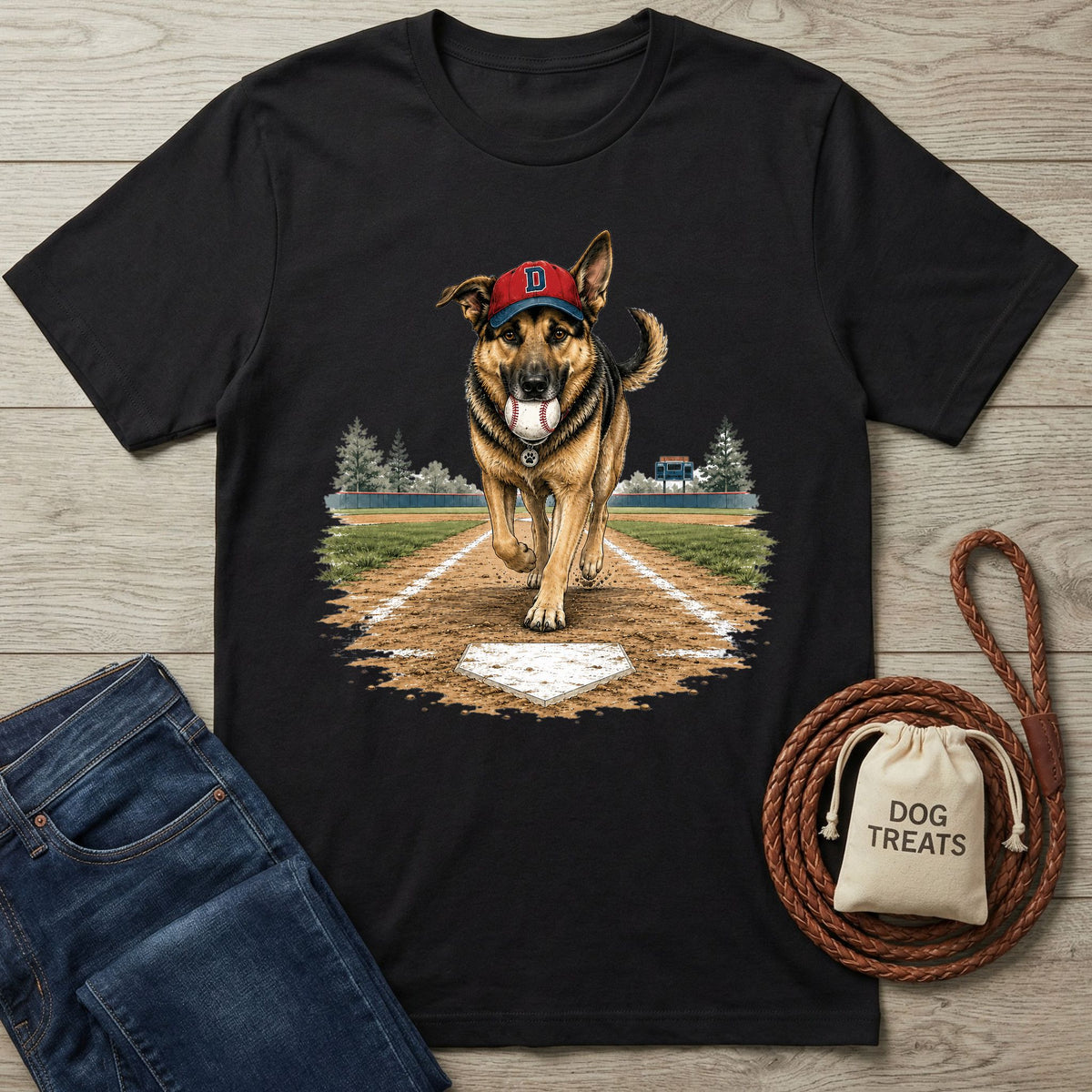 Black crewneck t-shirt featuring a German Shepherd wearing a baseball cap and holding a ball on a baseball field graphic.