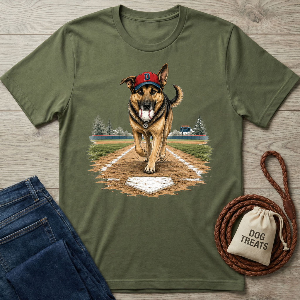 Olive green crewneck t-shirt featuring a German Shepherd wearing a baseball cap and holding a ball on a baseball field.