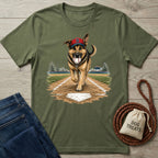 Olive green crewneck t-shirt featuring a German Shepherd wearing a baseball cap and holding a ball on a baseball field.