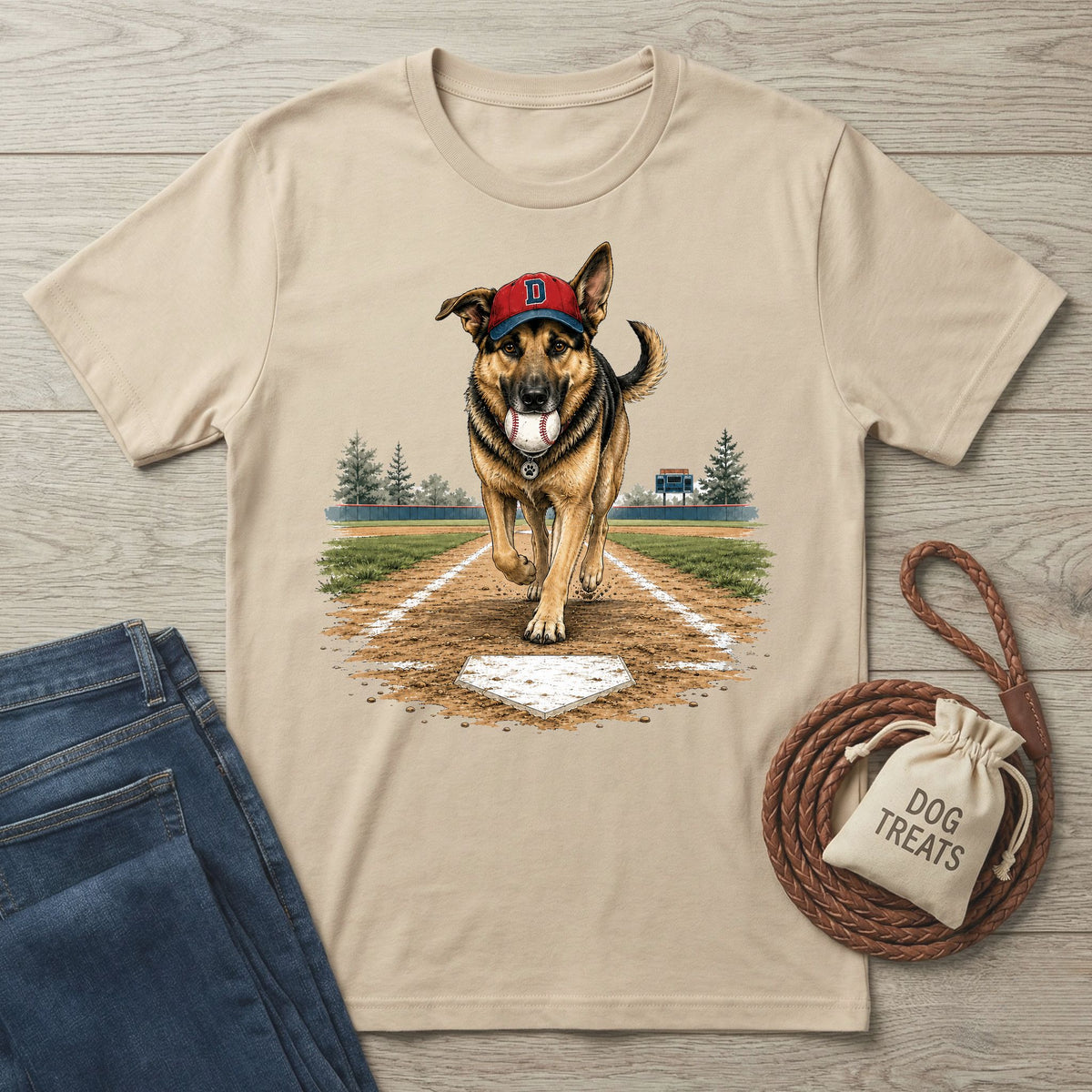Beige crewneck t-shirt featuring a German Shepherd wearing a baseball cap and holding a ball on a baseball field graphic.