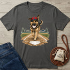 Charcoal gray cotton t-shirt featuring a German Shepherd wearing a baseball cap and holding a ball on a baseball field.