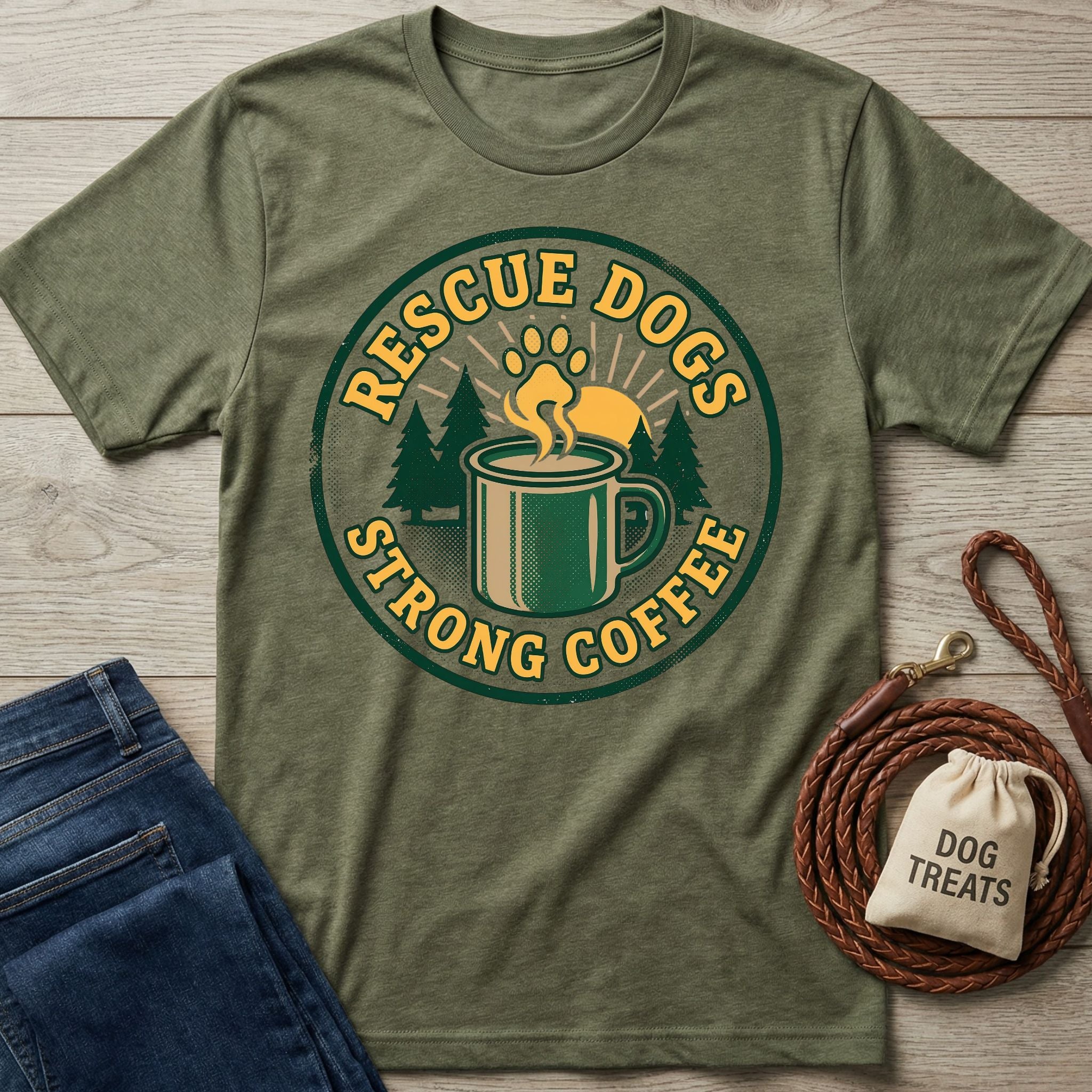 Olive green Gildan Softstyle t-shirt with "Rescue Dogs Strong Coffee" graphic, shown with jeans and dog leash.