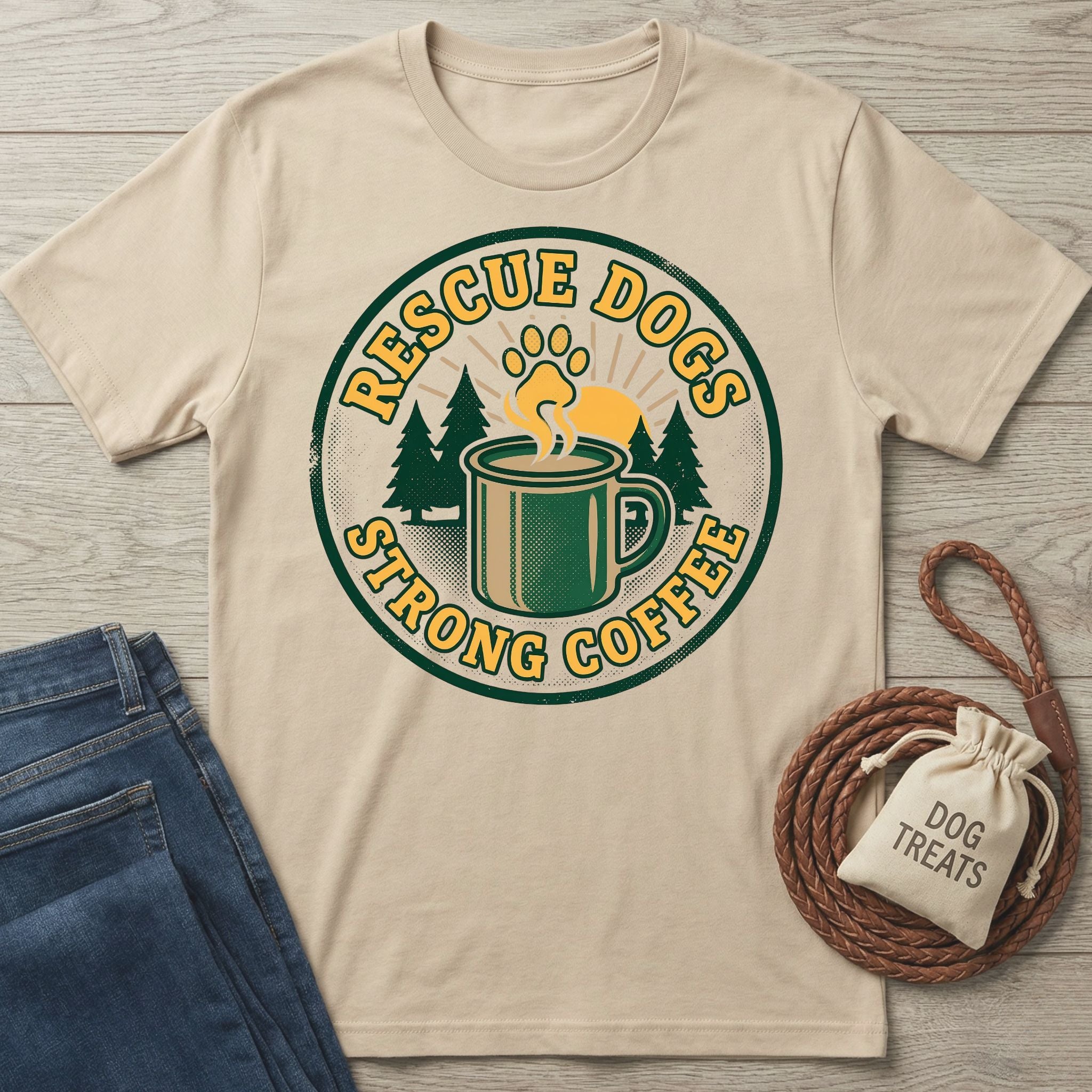 Gildan Softstyle® 64000 tee in natural with "Rescue Dogs Strong Coffee" graphic.