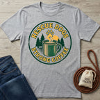 Gray Gildan Softstyle t-shirt with "Rescue Dogs Strong Coffee" graphic, featuring a paw print, coffee mug, and trees.
