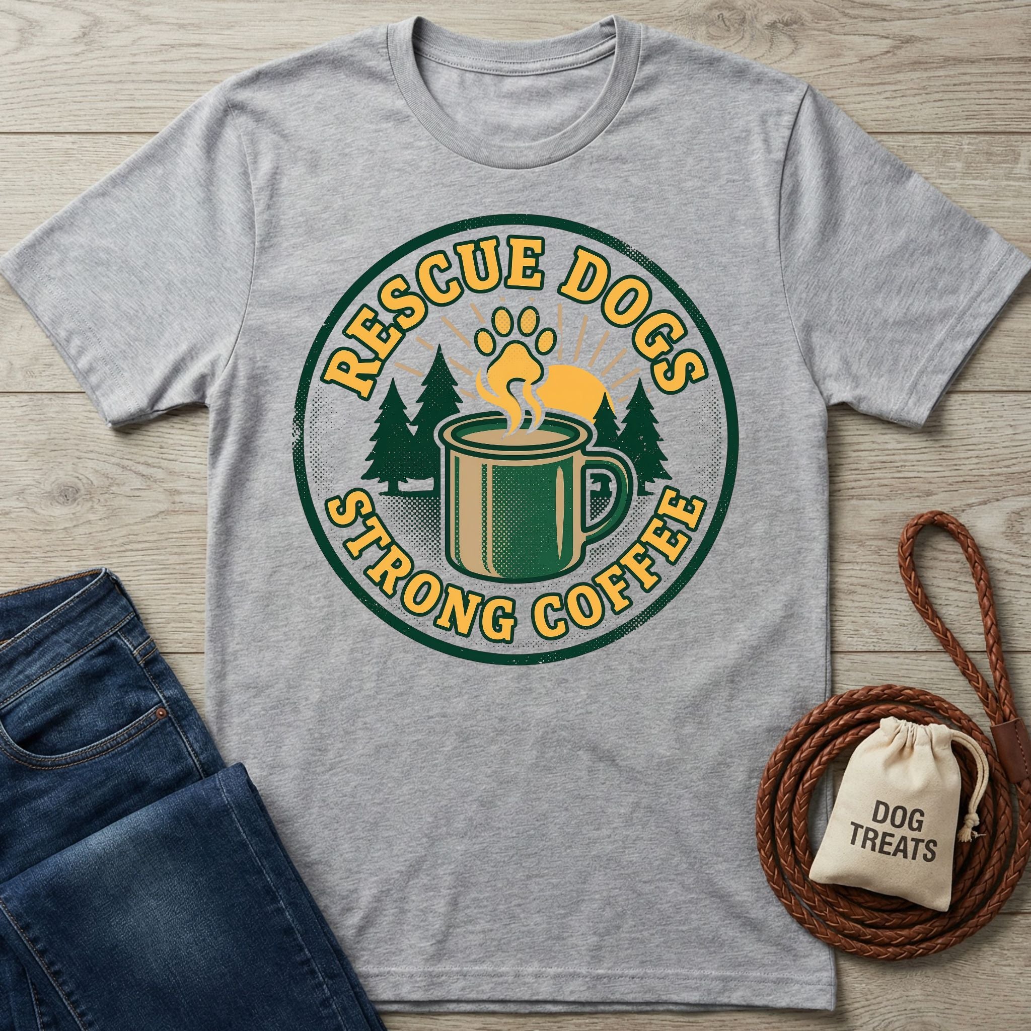 Gray Gildan Softstyle t-shirt with "Rescue Dogs Strong Coffee" graphic, featuring a paw print, coffee mug, and trees.