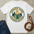 White Gildan Softstyle t-shirt with "Rescue Dogs Strong Coffee" graphic, featuring a paw print, trees, and a coffee mug.