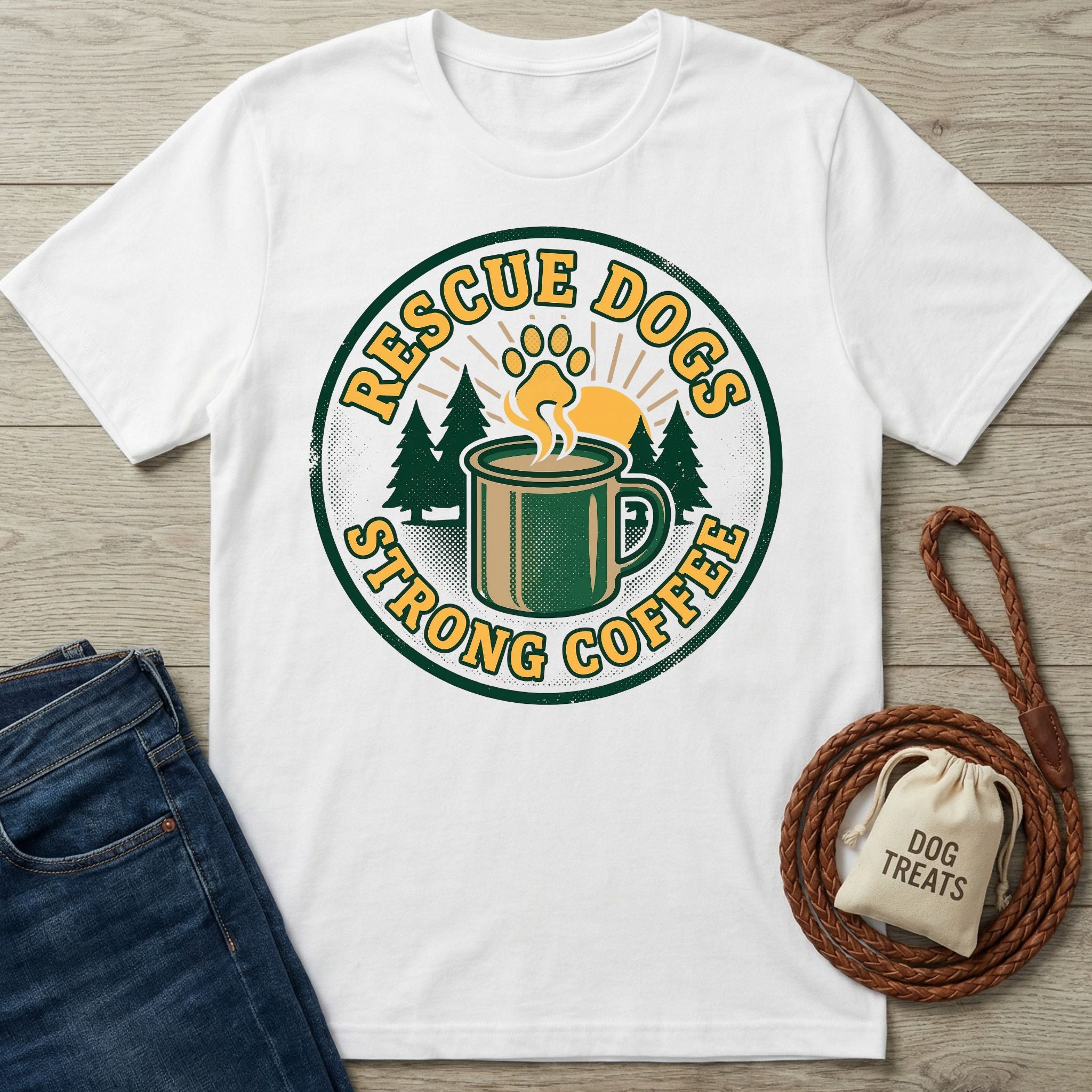 White Gildan Softstyle t-shirt with "Rescue Dogs Strong Coffee" graphic, featuring a paw print, trees, and a coffee mug.