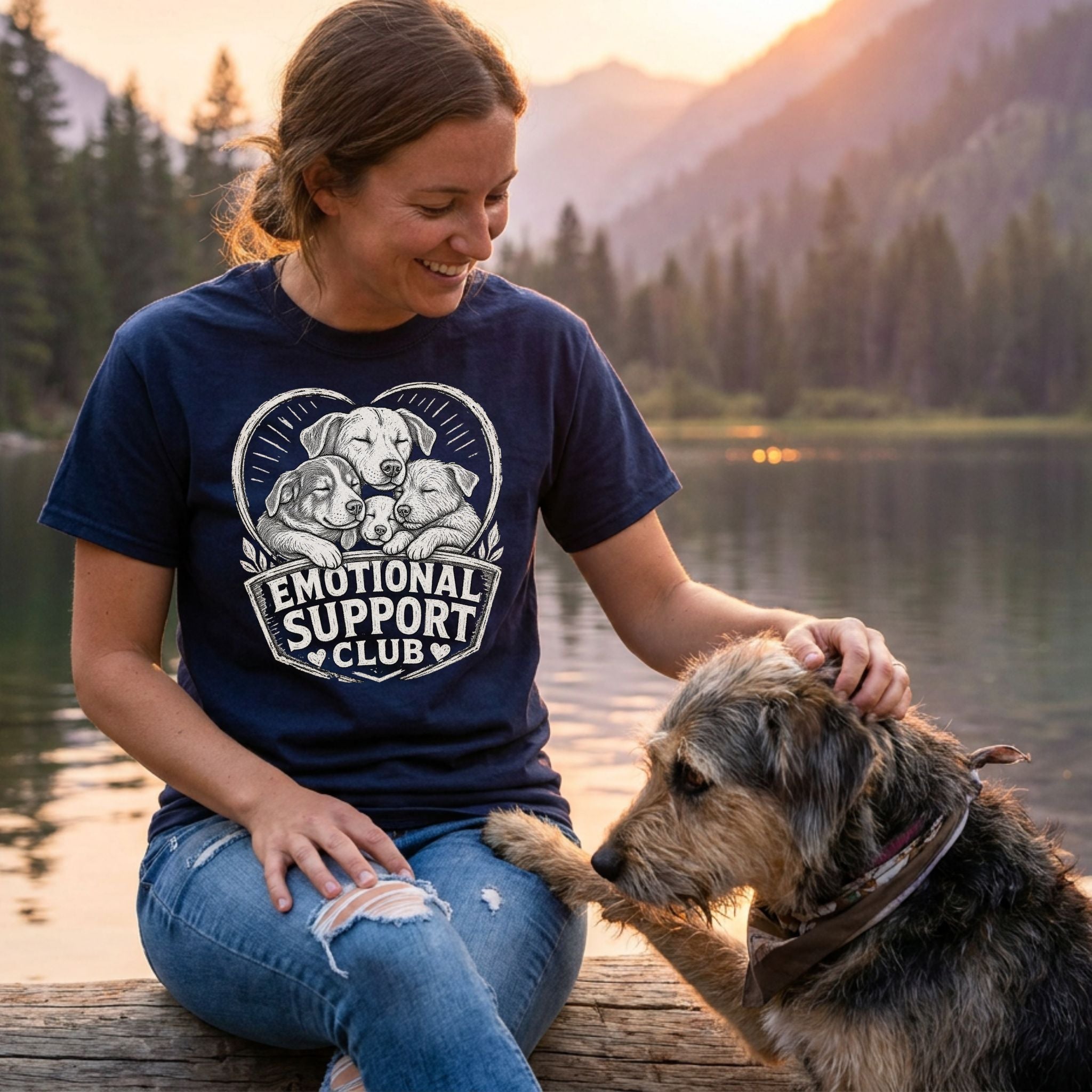 Woman wearing a navy blue T-shirt with an Emotional Support Club puppy graphic, sitting by a lake with her dog.