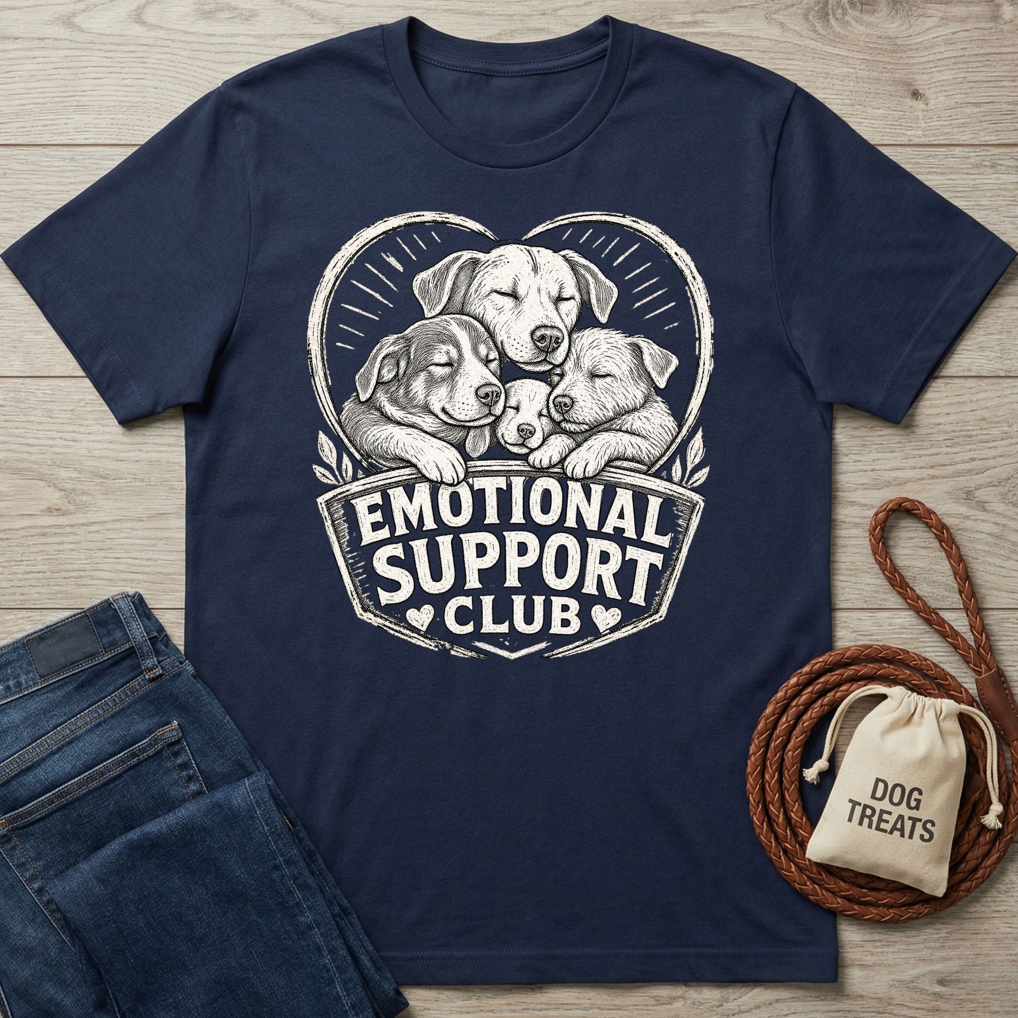 Navy blue cotton t-shirt featuring a white graphic of three sleeping puppies inside a heart with Emotional Support Club text.