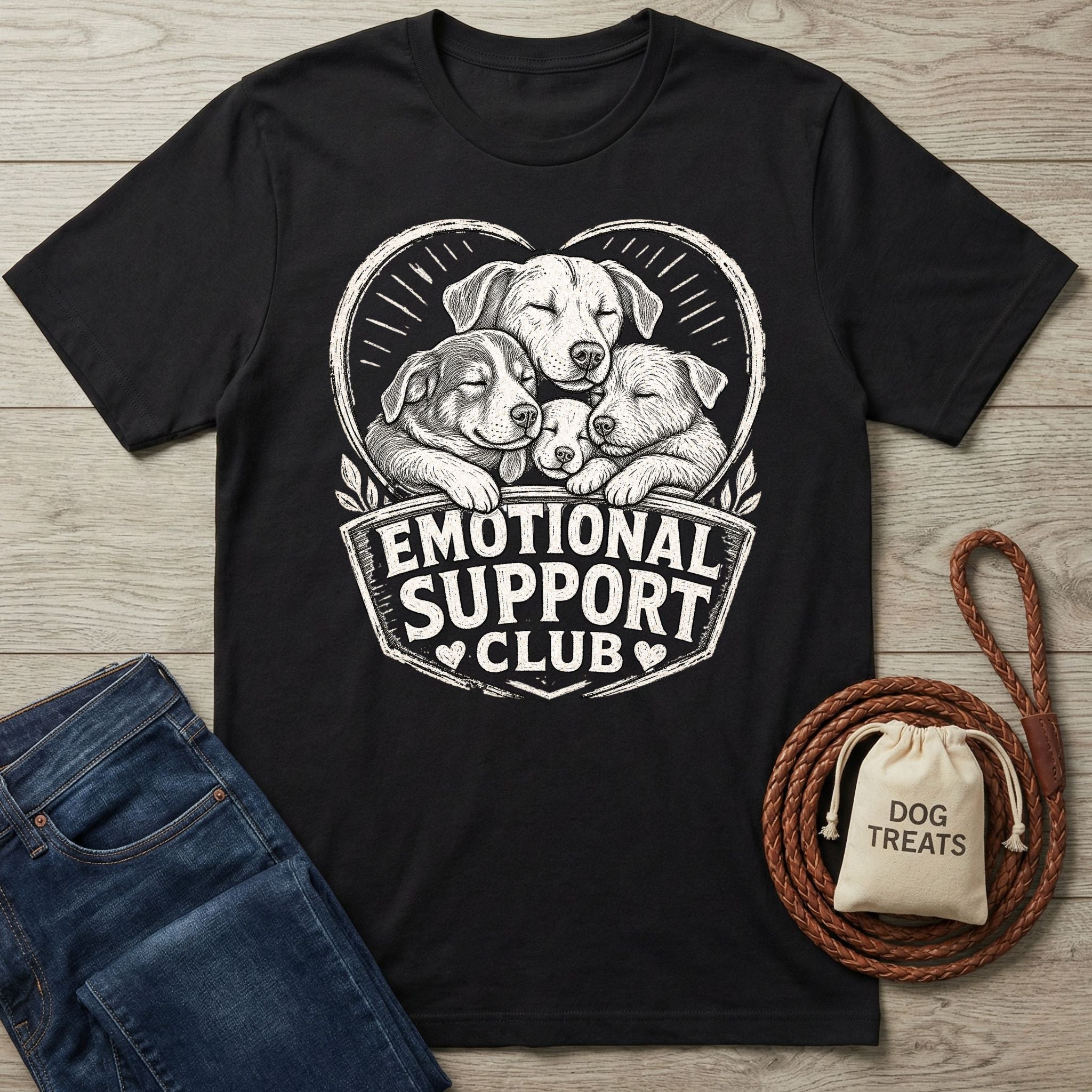 Black crewneck t-shirt featuring a white illustration of sleeping puppies inside a heart with Emotional Support Club text.
