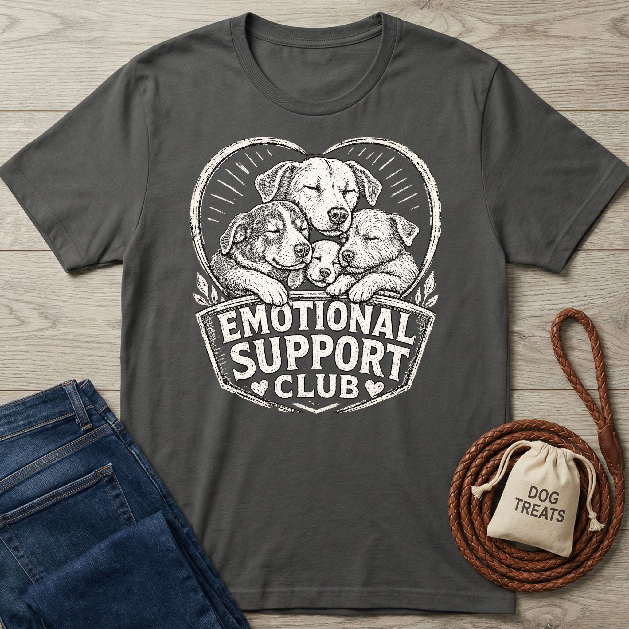 Charcoal gray crewneck t-shirt featuring a white illustration of three puppies inside a heart with Emotional Support Club text.