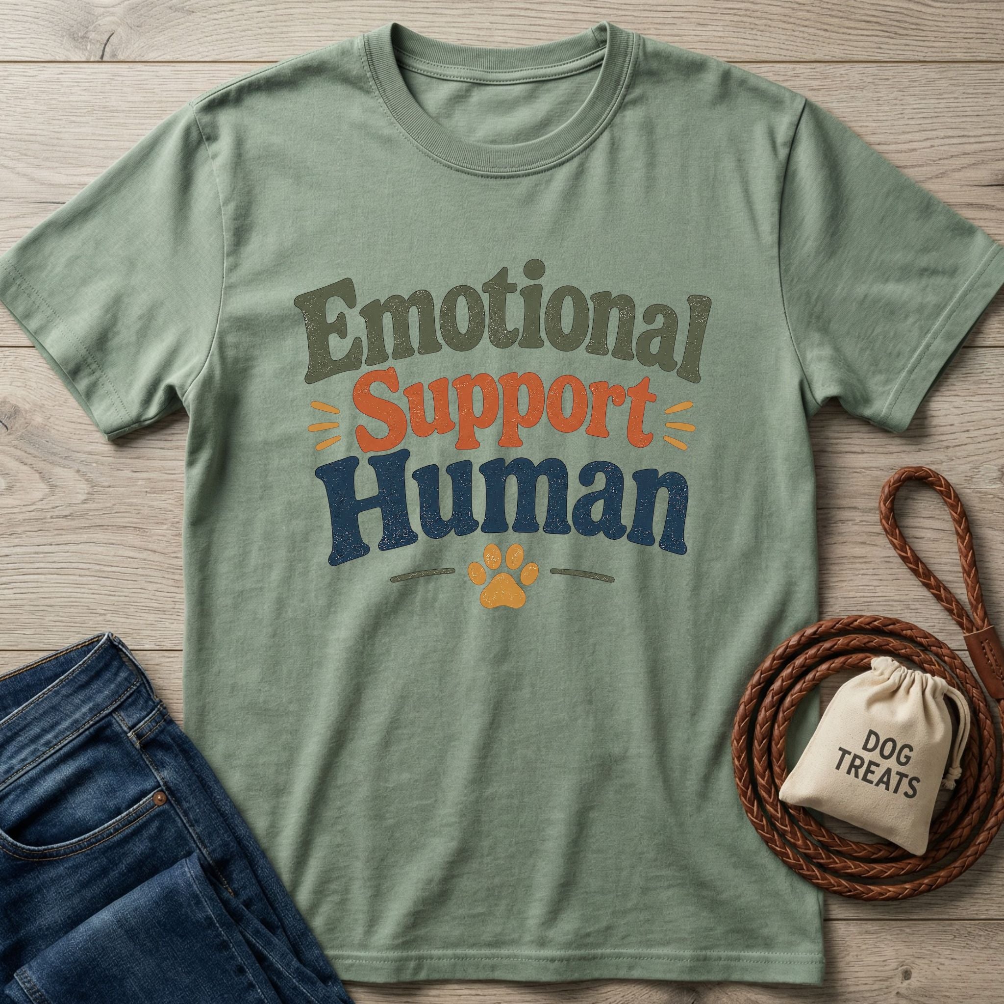 Sage green "Emotional Support Human" t-shirt with a paw print, next to blue jeans, a leash, and a "Dog Treats" bag.