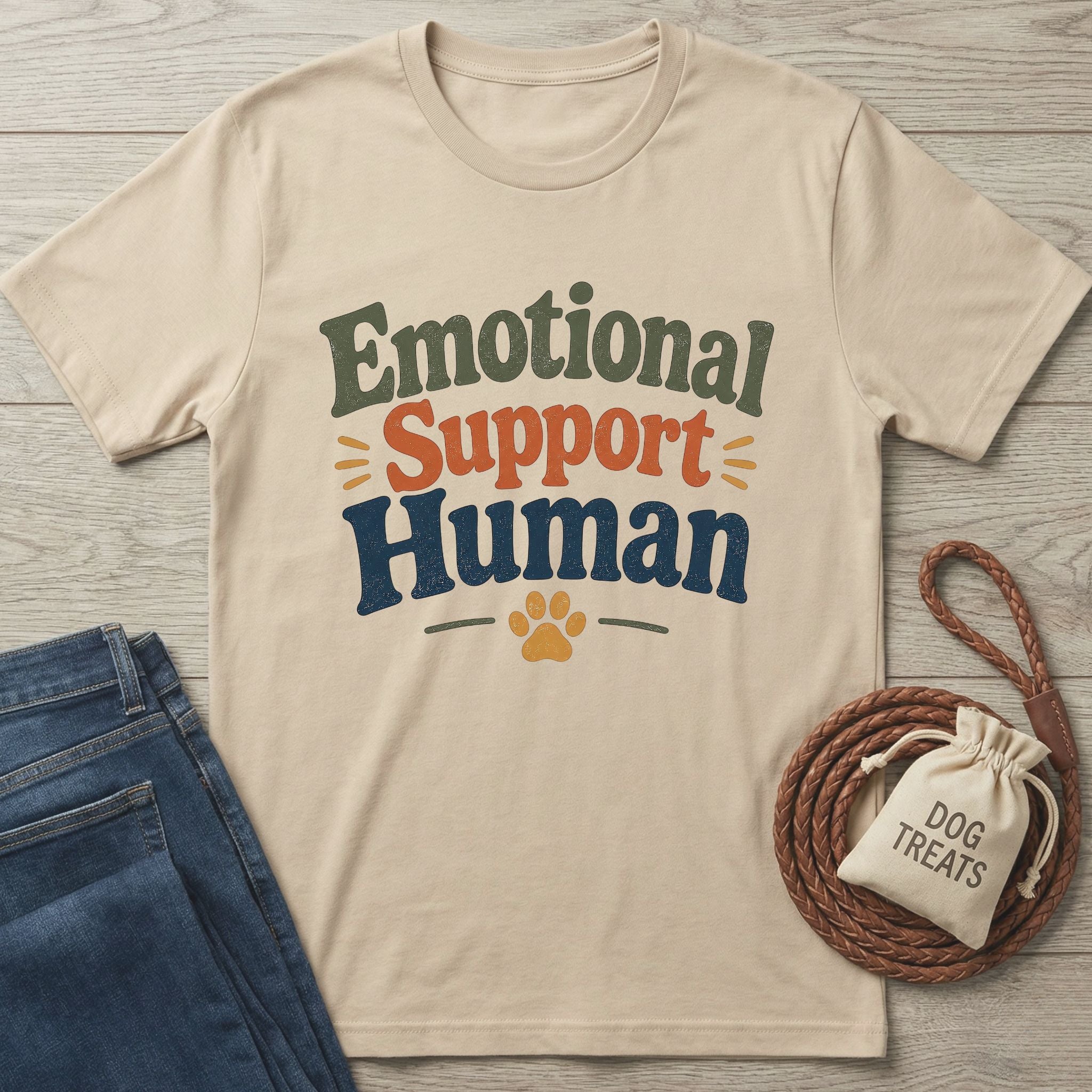 Beige "Emotional Support Human" t-shirt with a paw print, next to jeans and a "Dog Treats" bag.