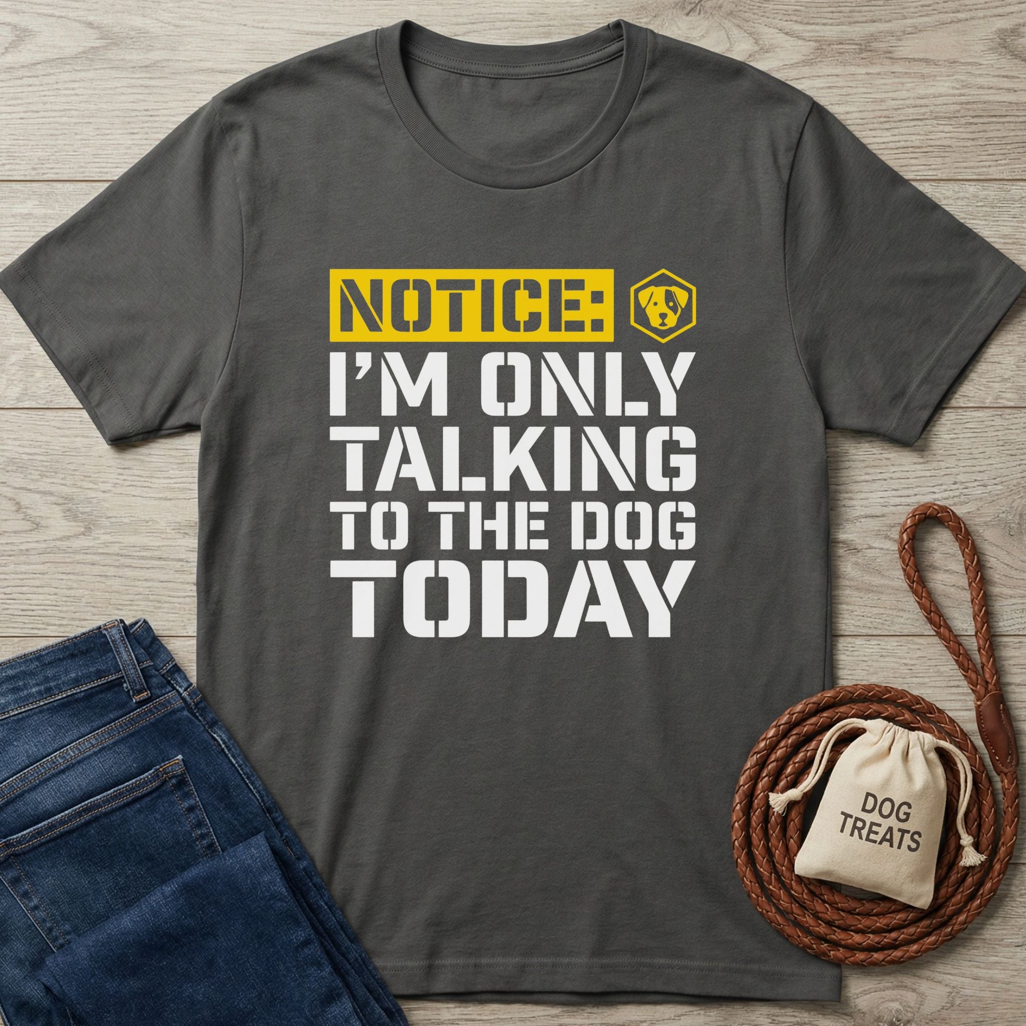 Charcoal grey Gildan Softstyle t-shirt with "NOTICE: I'M ONLY TALKING TO THE DOG TODAY" graphic.