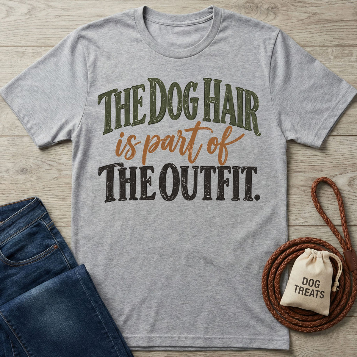 Grey crewneck T-shirt with vintage-style text reading The Dog Hair is part of The Outfit, displayed on a wooden surface.