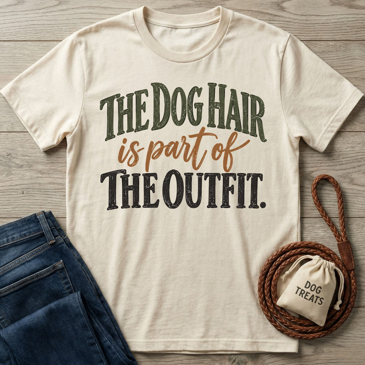 Cream-colored graphic T-shirt featuring vintage-style text about dog hair, laid on a wooden surface with jeans and a leash.
