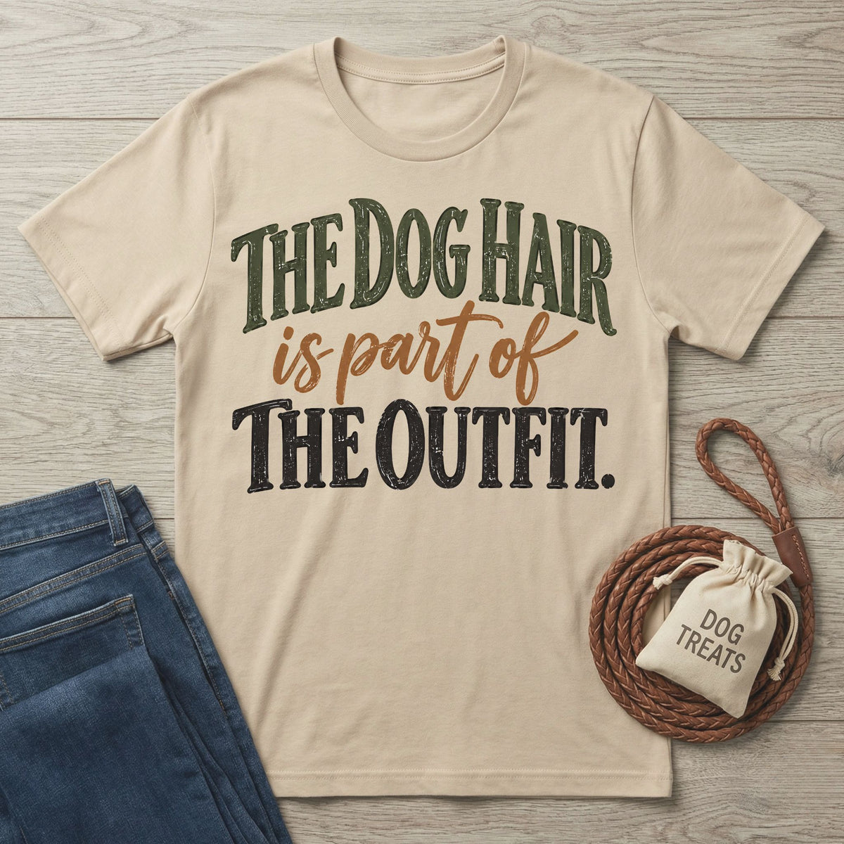 Beige graphic T-shirt featuring vintage-style text reading The Dog Hair is part of The OUTFIT, laid on a wooden surface.