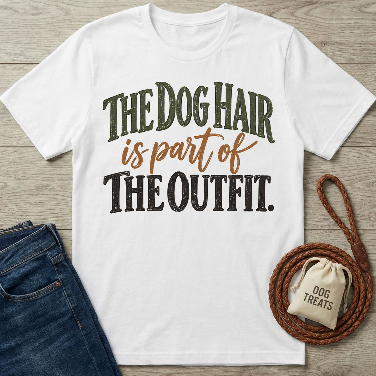 White crewneck T-shirt with vintage-style text reading The Dog Hair is part of The Outfit, displayed with a leash and treat bag.