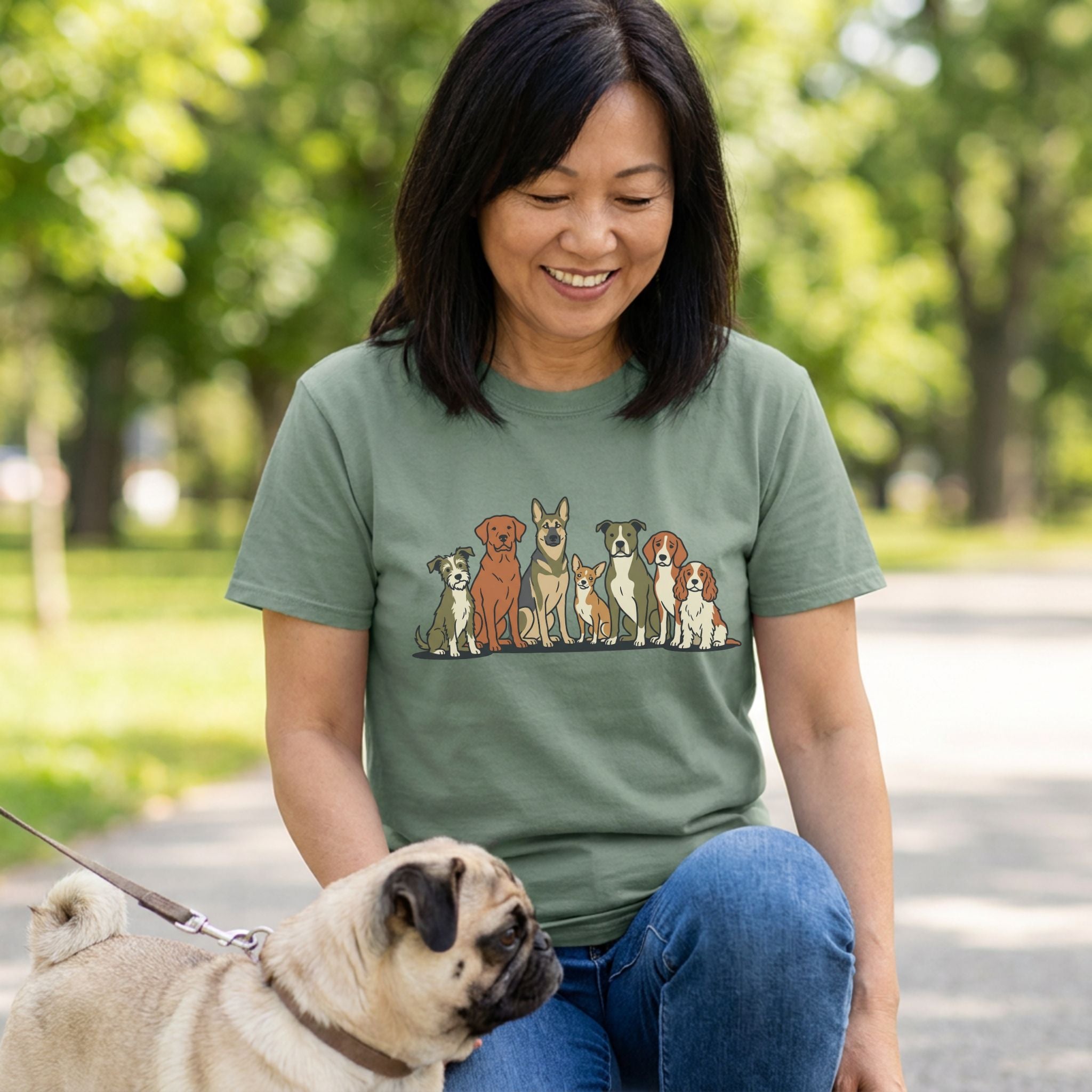 Woman in an olive green "The Pack" t-shirt with a row of diverse cartoon dogs, looking at a pug.
