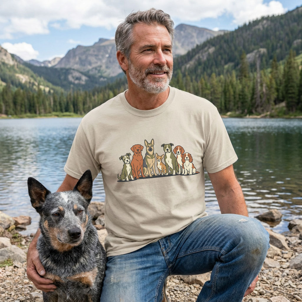 Man in a beige "The Pack" t-shirt with a line of diverse cartoon dogs, kneeling with a blue heeler by a lake.