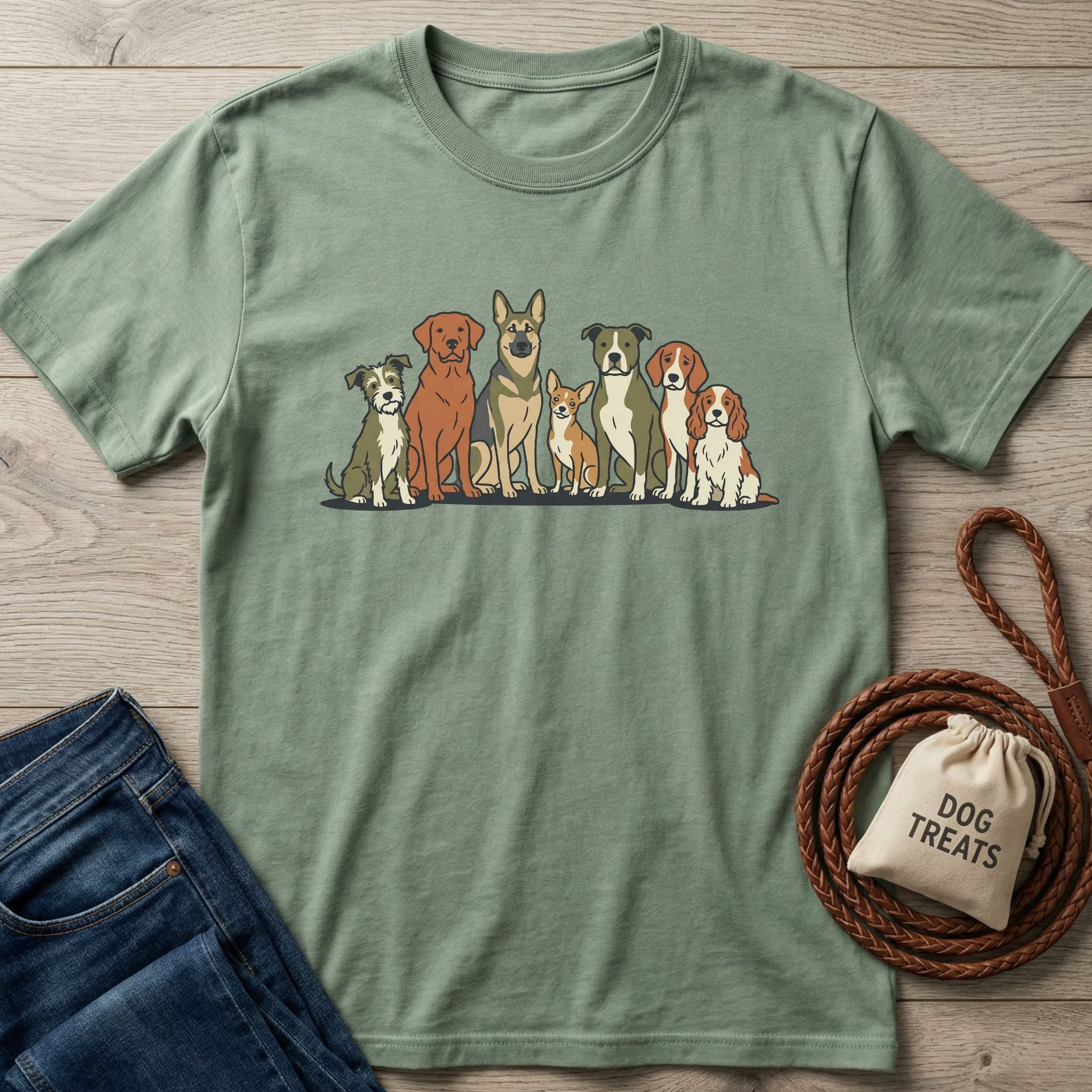 Sage green Gildan Softstyle® T-shirt with a graphic of seven diverse rescue dogs, next to jeans and dog treats.