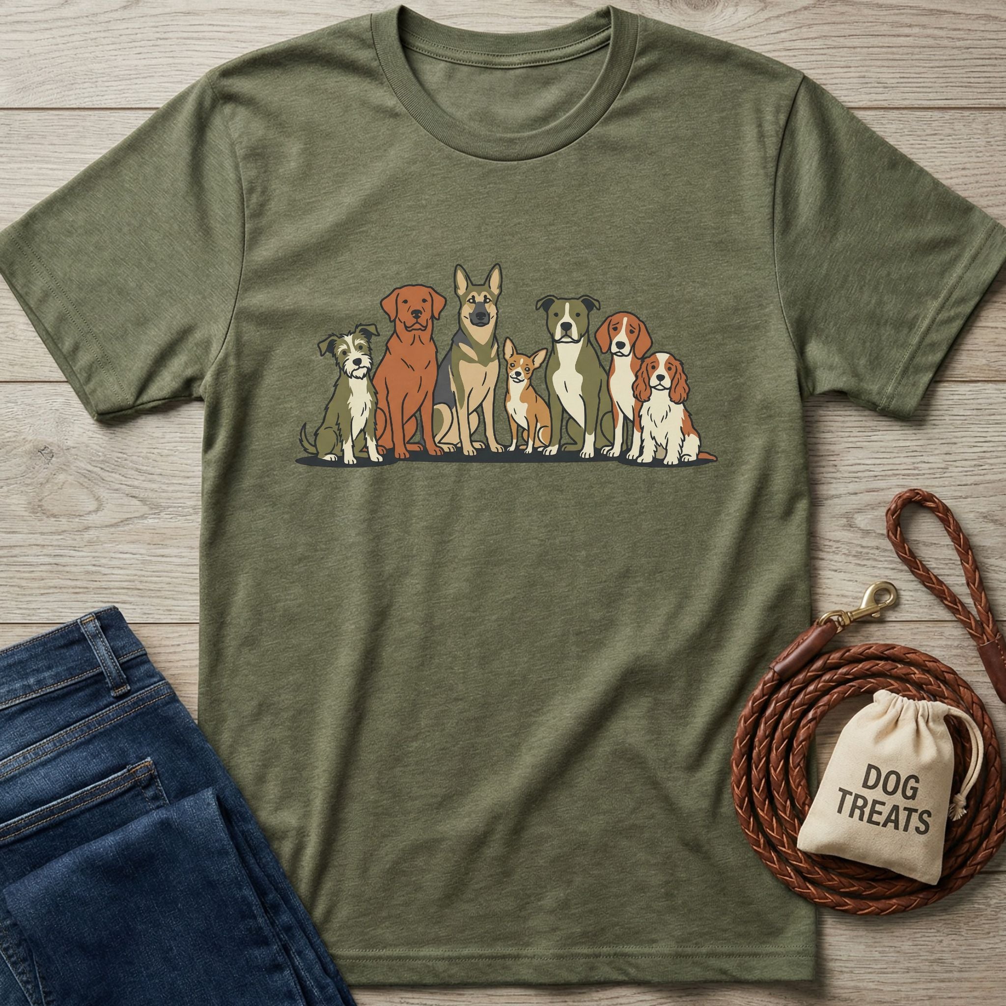 Olive green "The Pack" t-shirt with a graphic of seven diverse dogs, next to jeans and a dog leash.