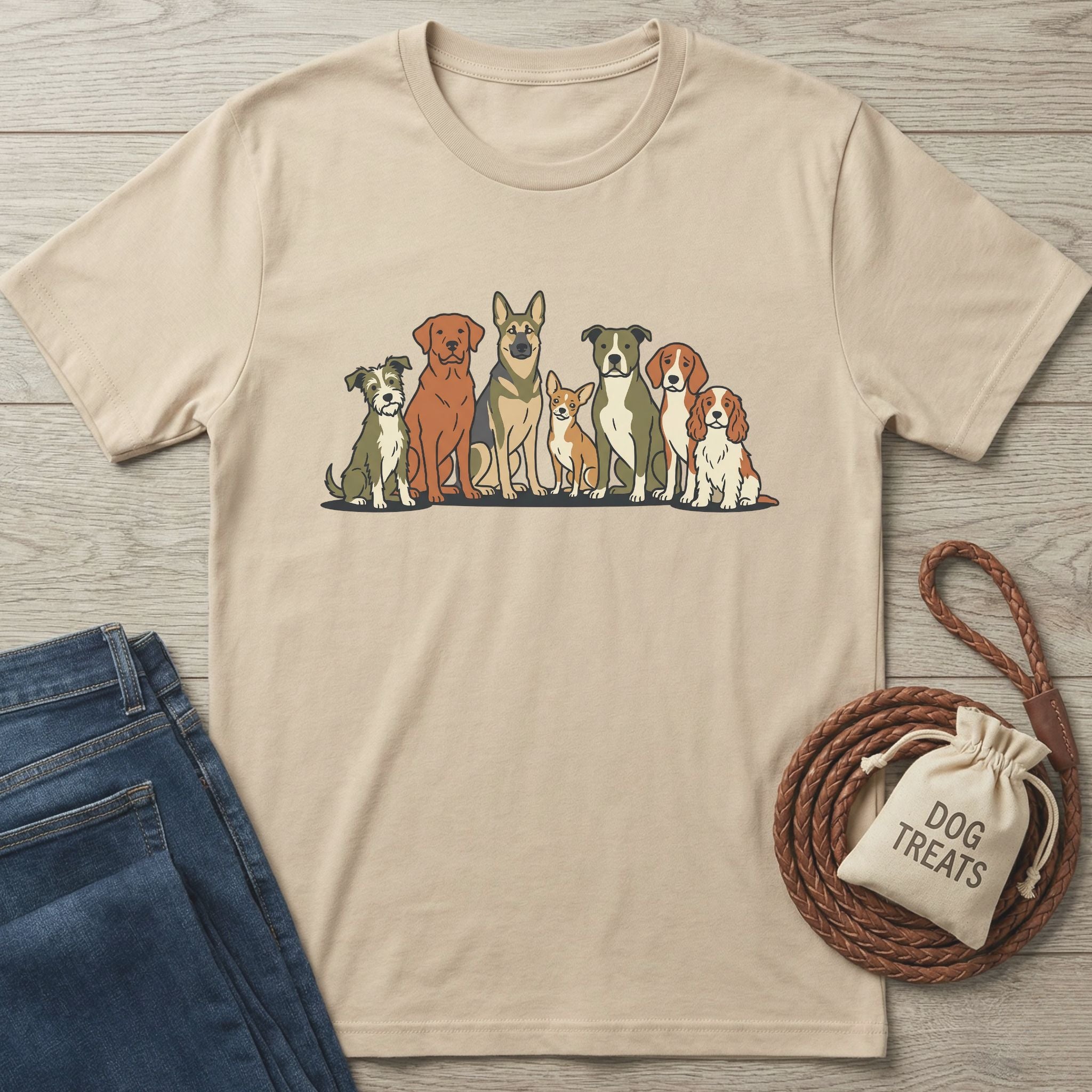 Tan Gildan Softstyle® T-shirt with a graphic of seven diverse rescue dogs, next to jeans and dog treats.