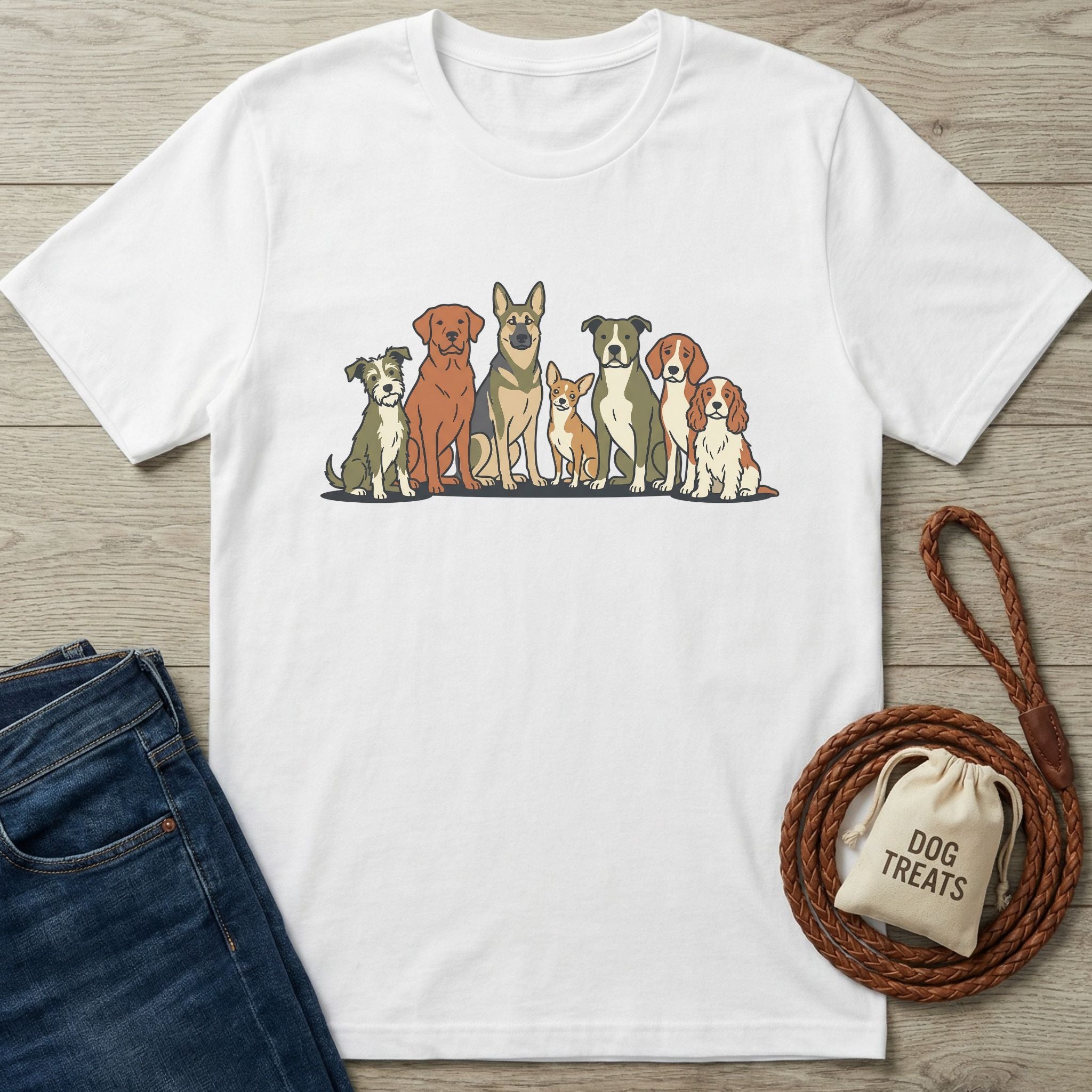White Gildan Softstyle® t-shirt with a colorful graphic of seven diverse rescue dogs, paired with jeans and a dog leash.