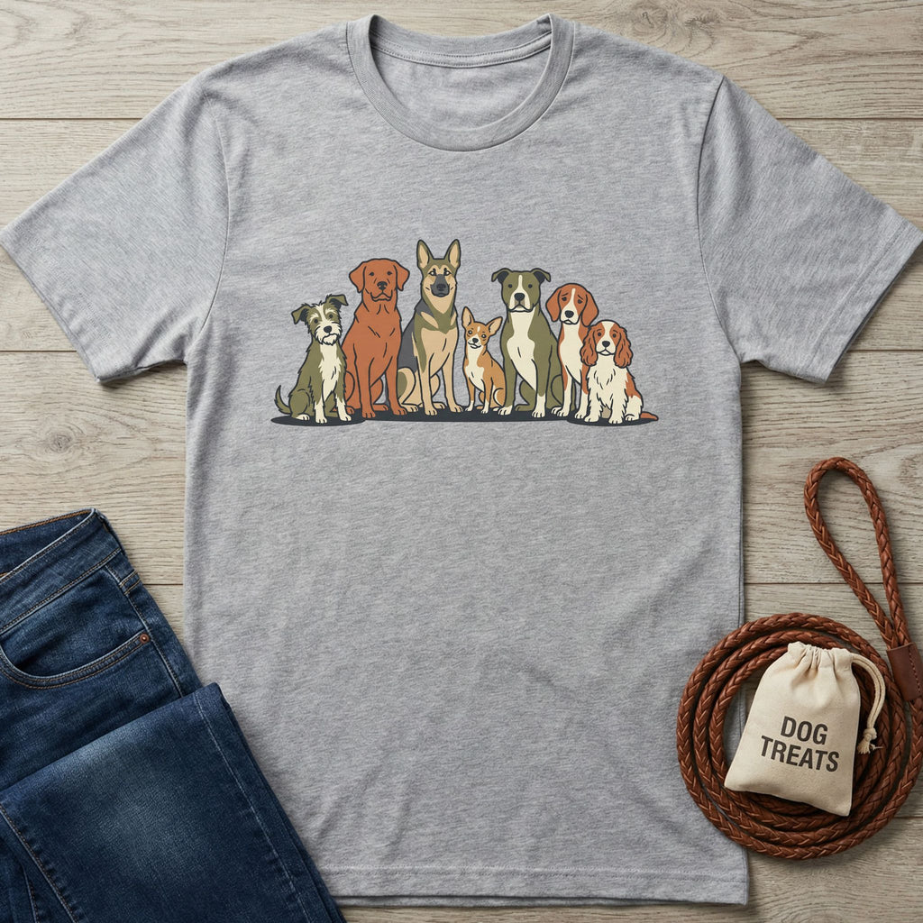 Light grey Gildan Softstyle t-shirt with a colorful graphic of seven rescue dogs, next to jeans and dog treats.
