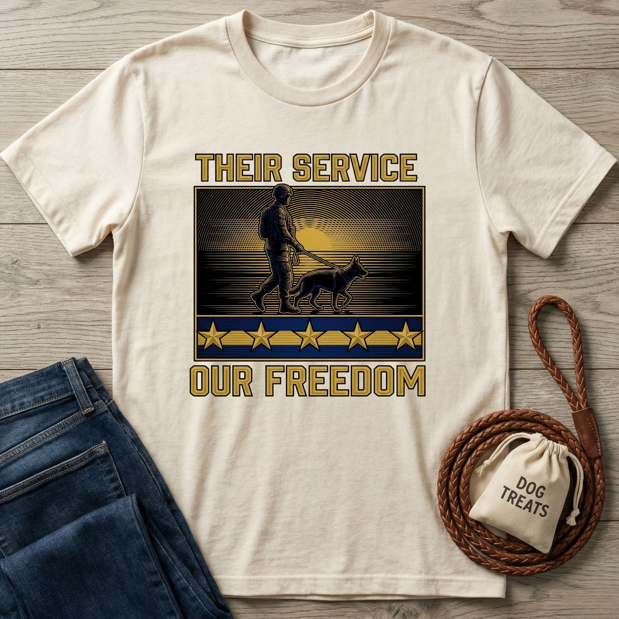 Cream Gildan Softstyle t-shirt with "Their Service Our Freedom" graphic featuring a soldier and dog.
