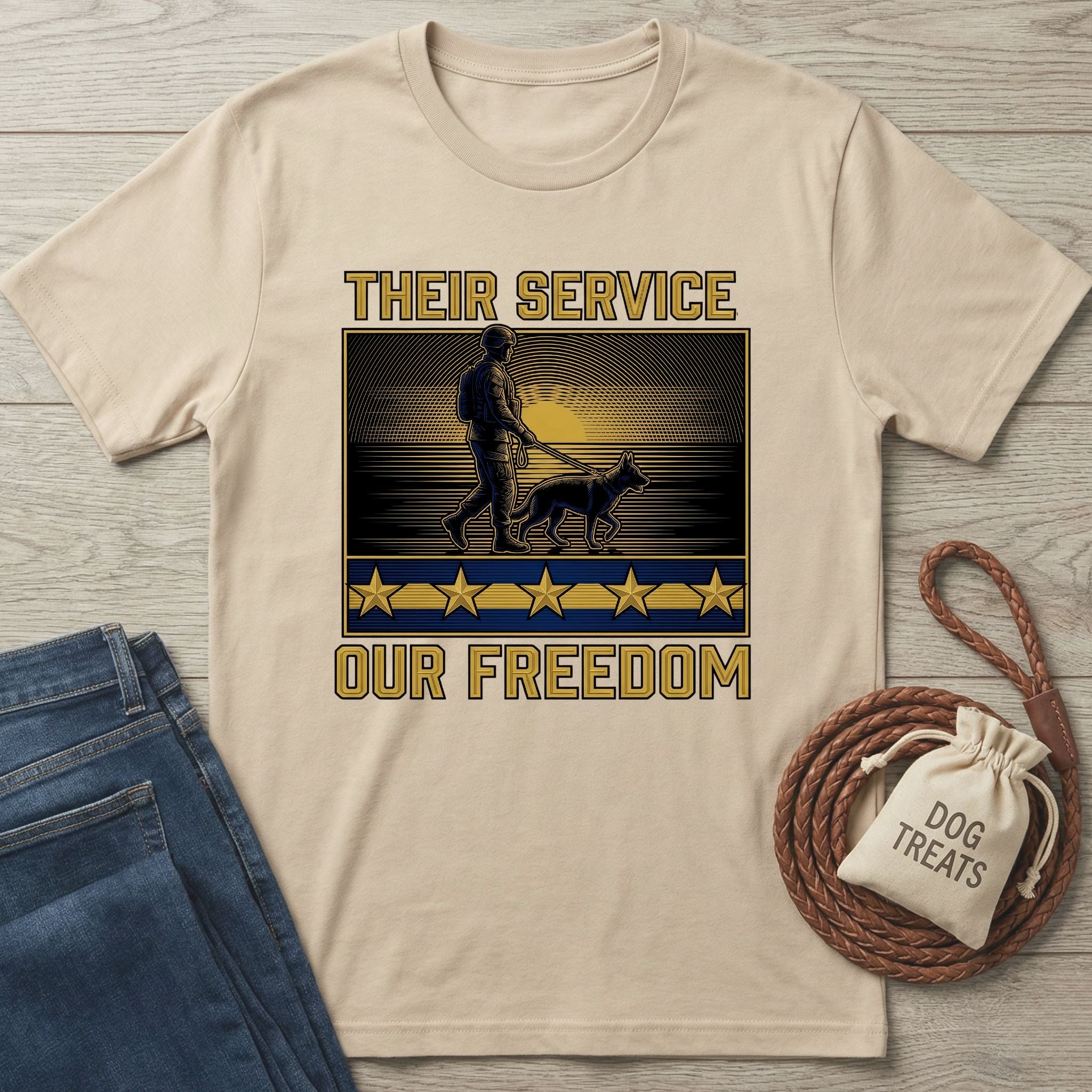 Beige Gildan Softstyle t-shirt with "Their Service Our Freedom" graphic featuring a soldier and dog.
