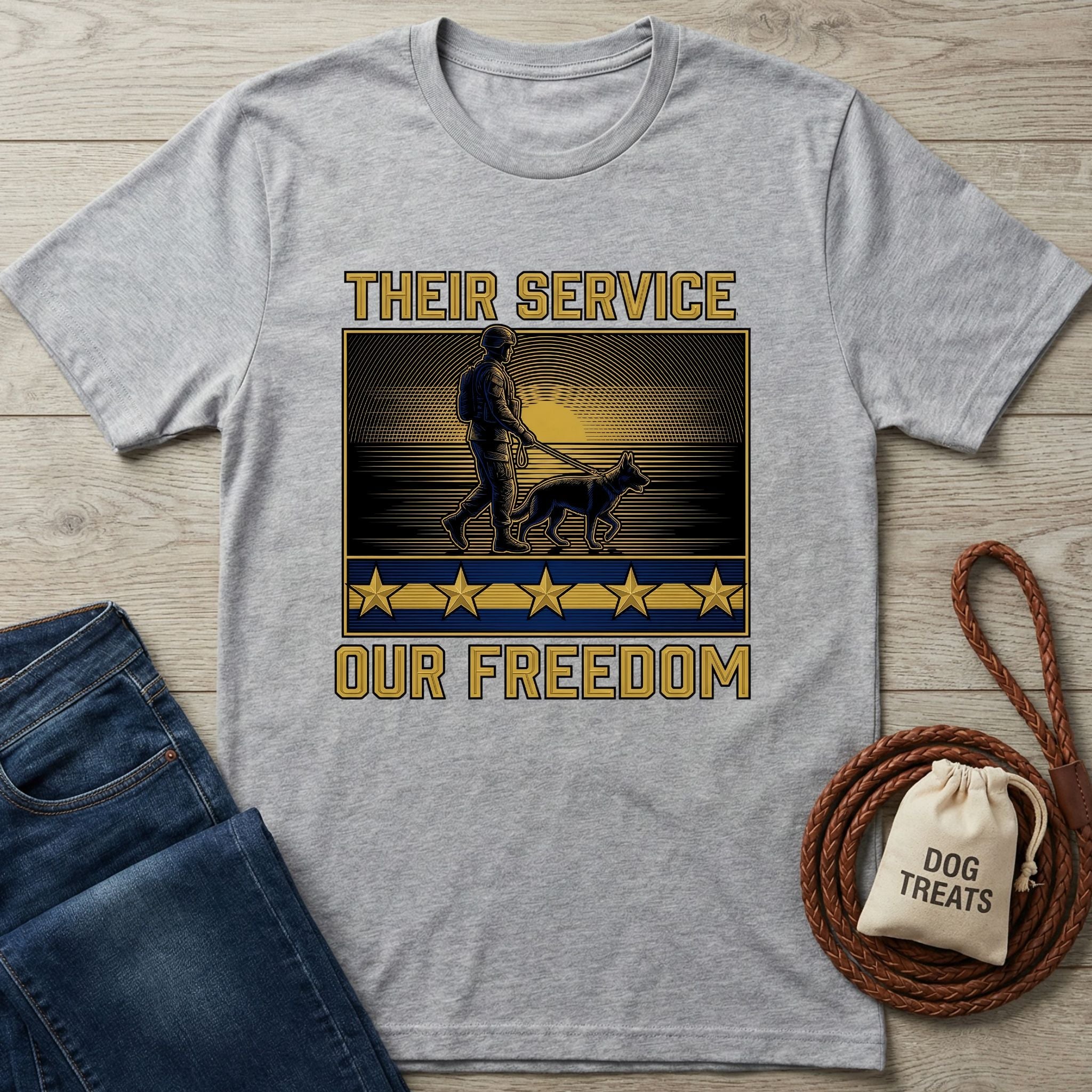 Light grey Gildan Softstyle t-shirt with "Their Service Our Freedom" graphic featuring a soldier and dog.